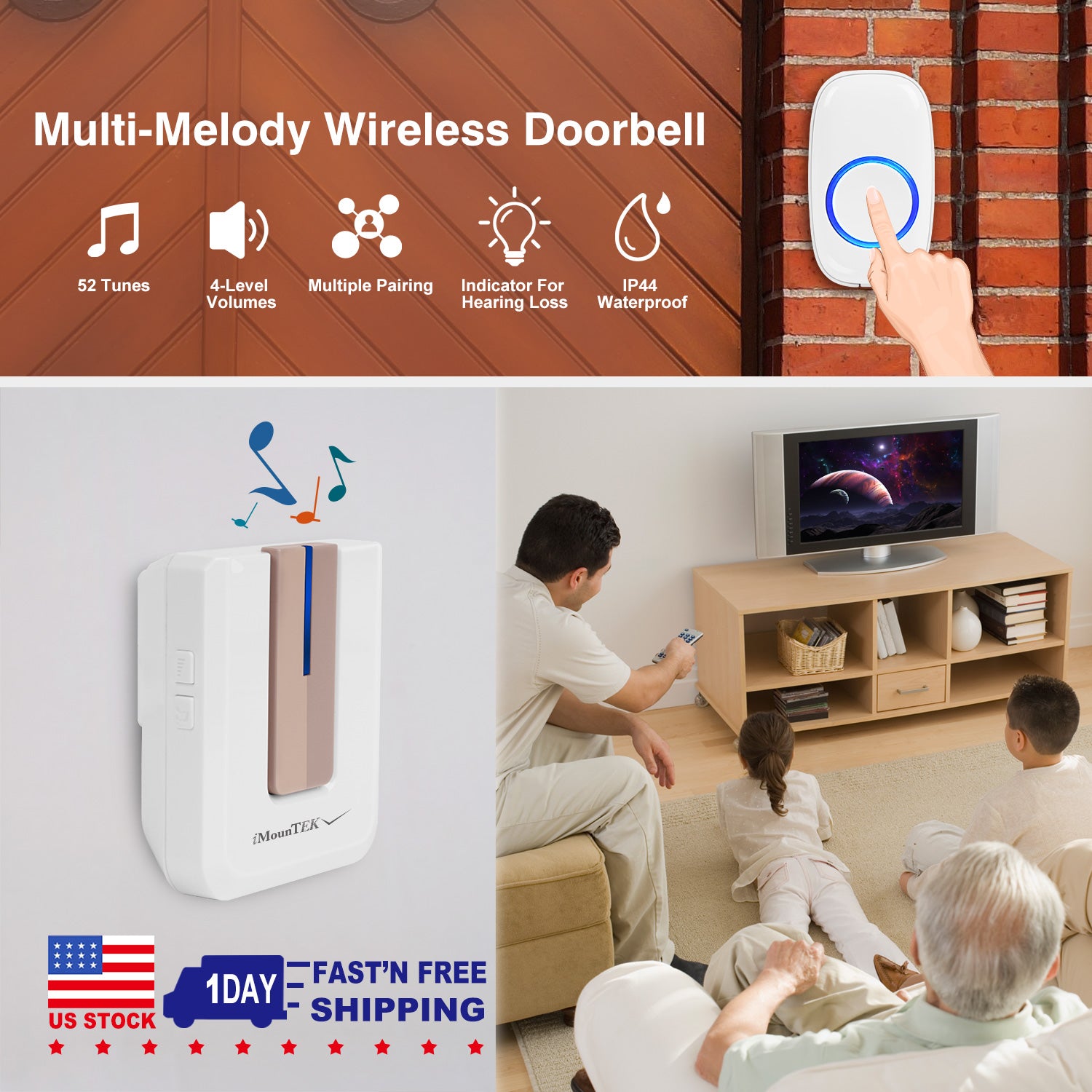 Wireless Doorbells Rings 1000FT Operating Range IP44 Waterproof Door Chime W/ 1 Plug Receiver Chimes 52 Melodies LED Indicator Bells for Office Apartm