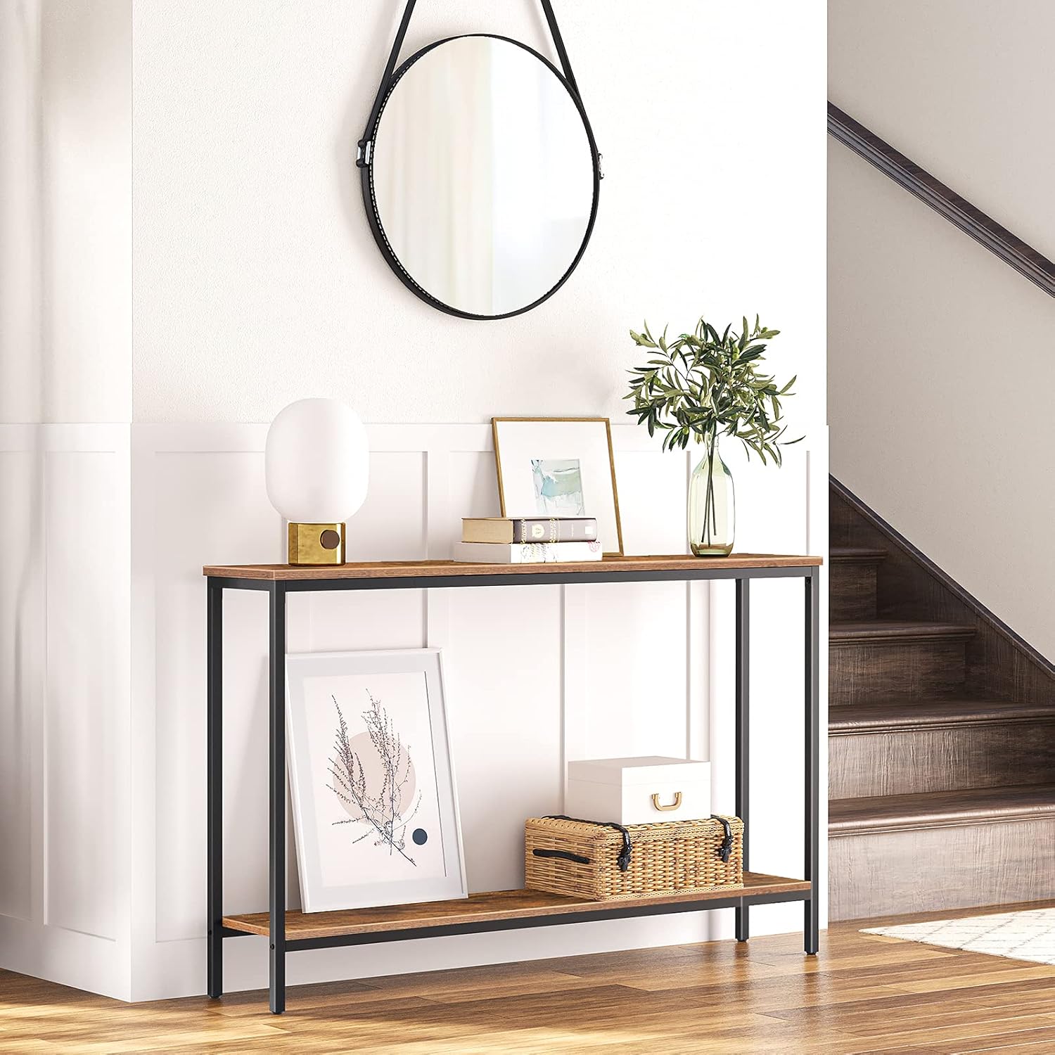 HOOBRO 120 cm Narrow Console Table with Storage Shelf, Industrial Sofa Table for Entryway, Hallway & Living Room, Rustic Brown BF20XG01G1