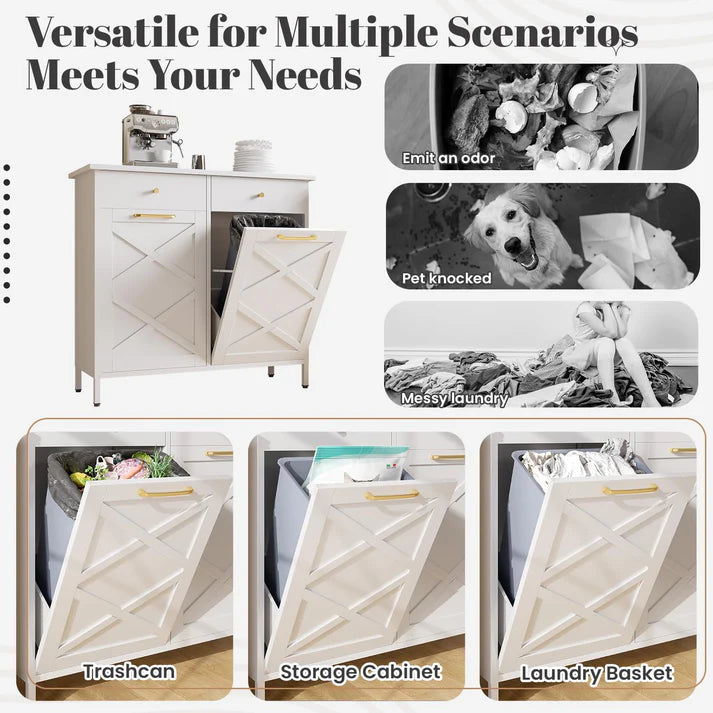 YODOLLA Double Tilt-Out Trash Can Cabinet with 2 Drawers, Hidden Kitchen Garbage Bin Storage Cabinet