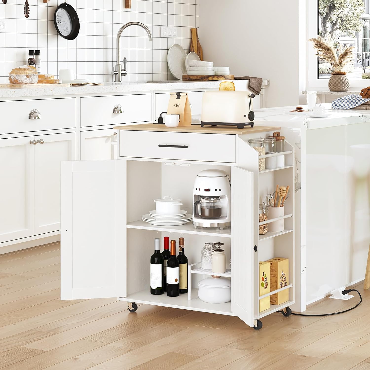 HOOBRO Kitchen Island Cart with Power Outlet, Rolling Kitchen Storage Cabinet with Drawer, Spice Rack & Adjustable Shelf, White & Natural