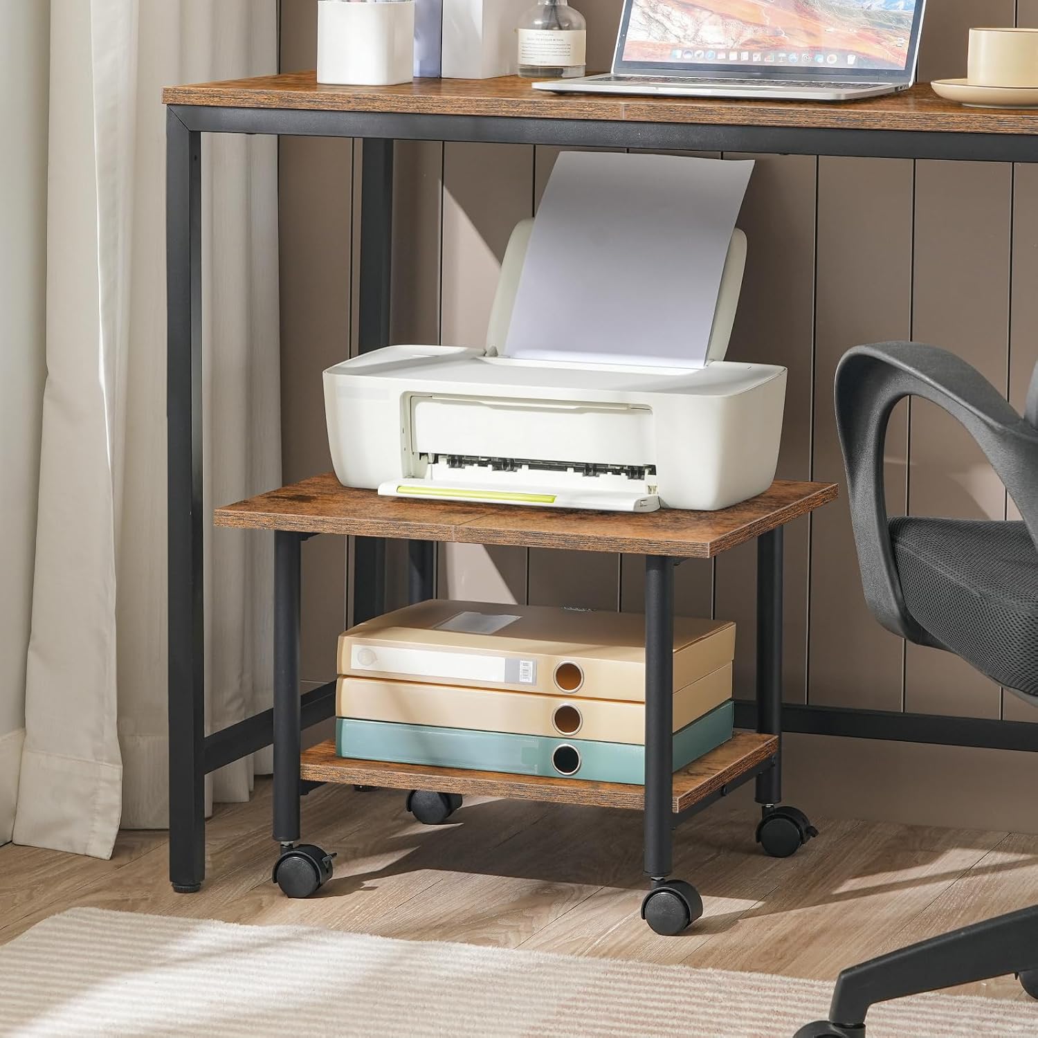 HOOBRO 2-Tier Printer Stand with Storage Shelves and Lockable Wheels, Rustic Brown + Black