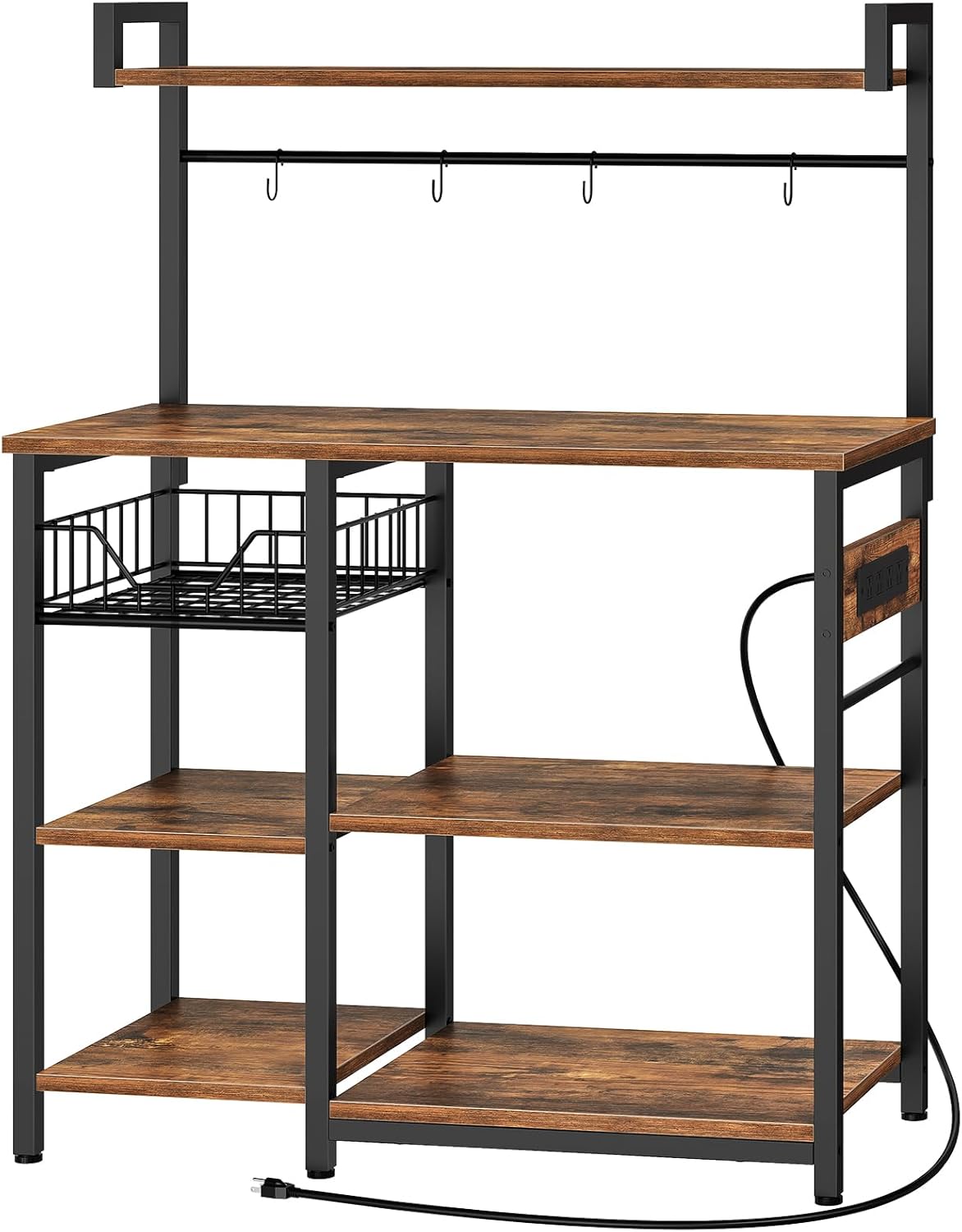 HOOBRO Kitchen Baker's Rack with Power Outlet, Coffee Bar & Microwave Stand, 6-Tier Storage Shelf with Mesh Basket and Hooks, Rustic Brown & Black