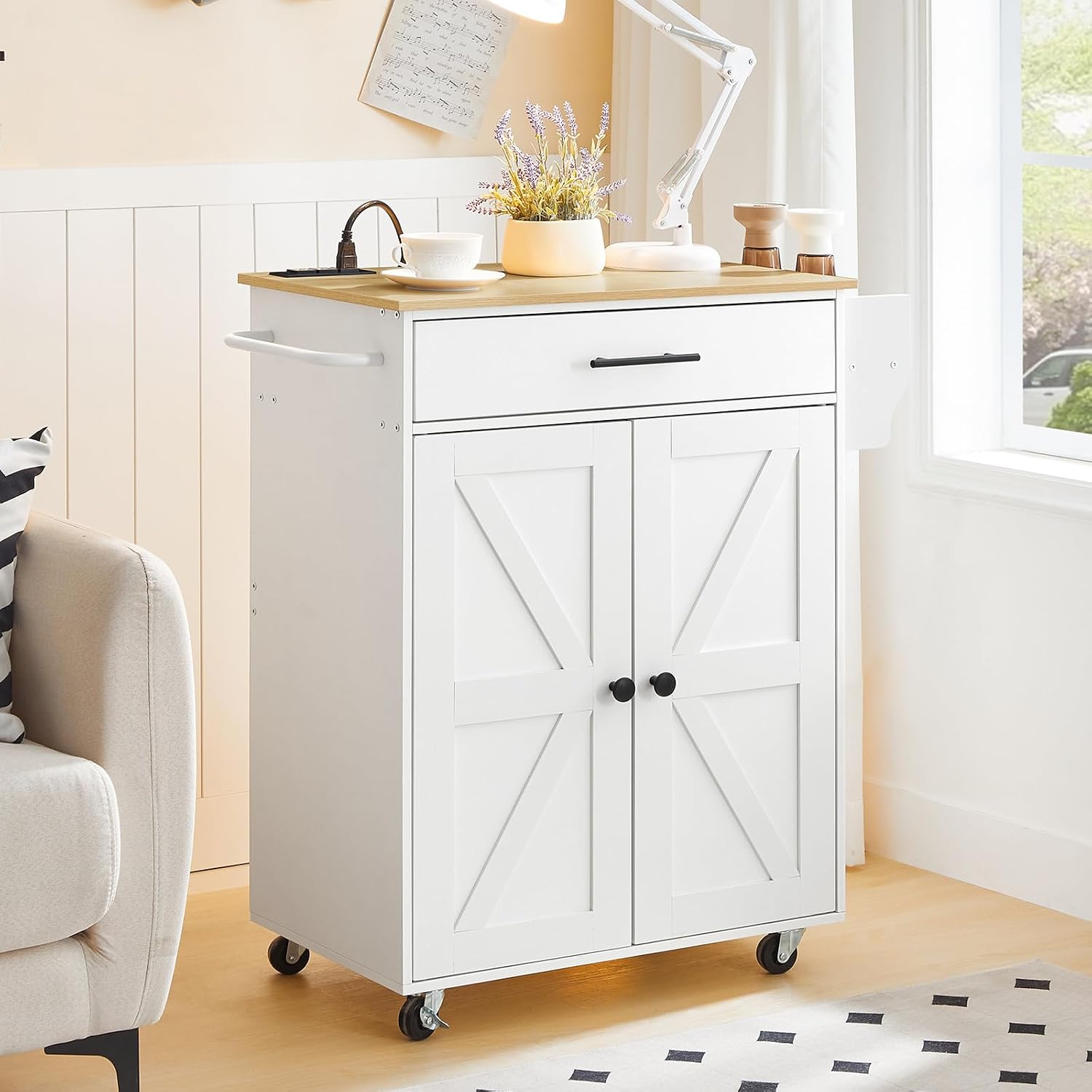 HOOBRO Kitchen Island Cart with Power Outlet, Storage Cabinet, Drawer & Spice Rack, Rolling Kitchen Cart, White & Natural