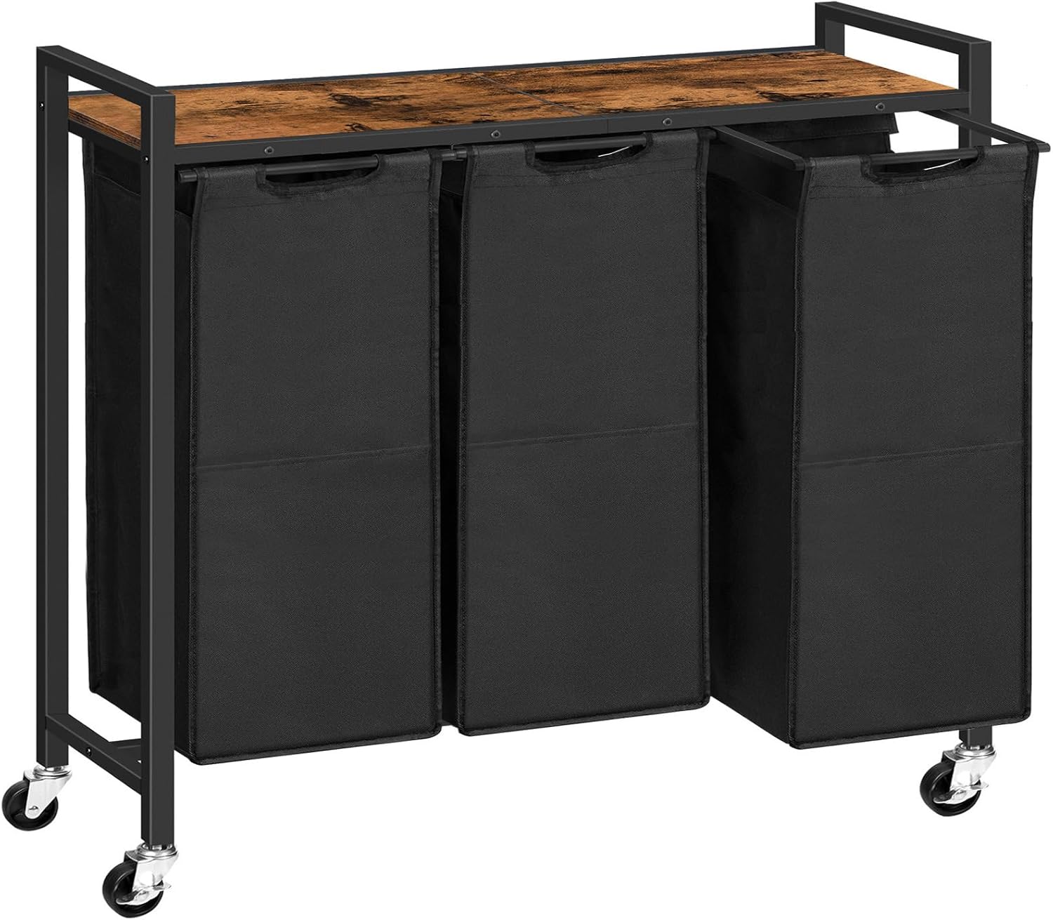 HOOBRO 3-Section Laundry Sorter with Wheels, 130L Rolling Laundry Hamper with Removable Oxford Fabric Bags, Rustic Brown & Black BF76XY01