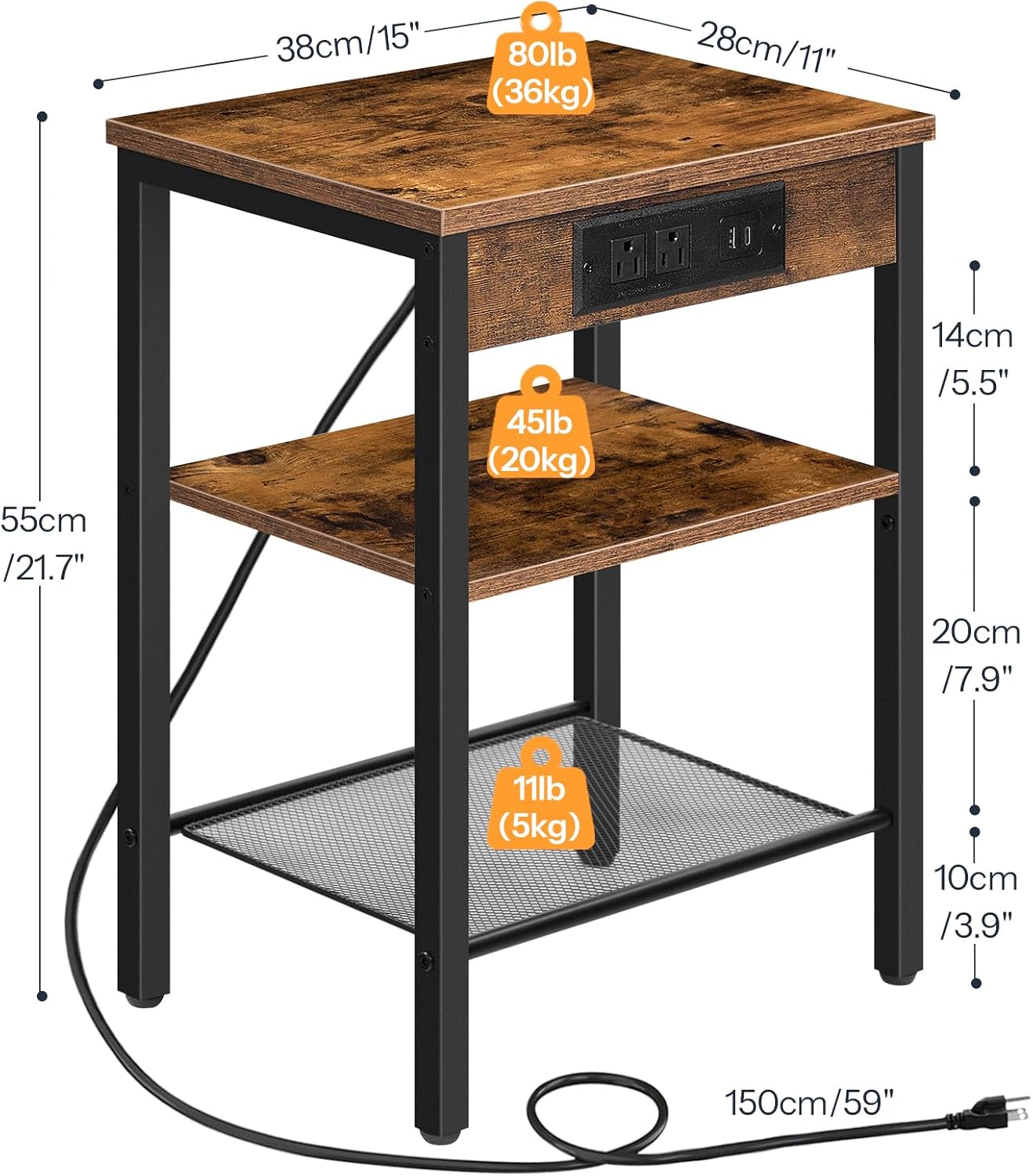 HOOBRO End Table with Charging Station, 3-Tier Nightstand with Adjustable Shelf, Rustic Brown BF112BZ01