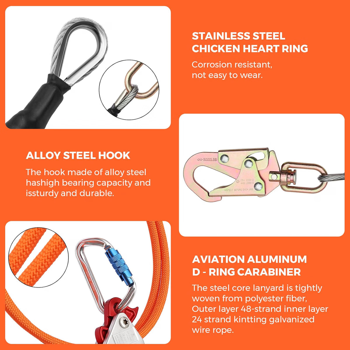 Steel Core Flip Line 1/2" x 16ft – Tree Climbing Lanyard with Triple-Lock Carabiner & Swivel Snap