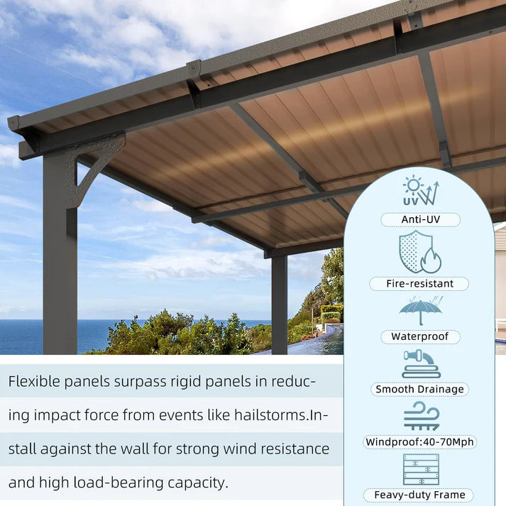 Yodolla 12' x 10' Wall Mounted Hardtop Pergola Gazebo with Weather Resistant Roof – Dark Grey