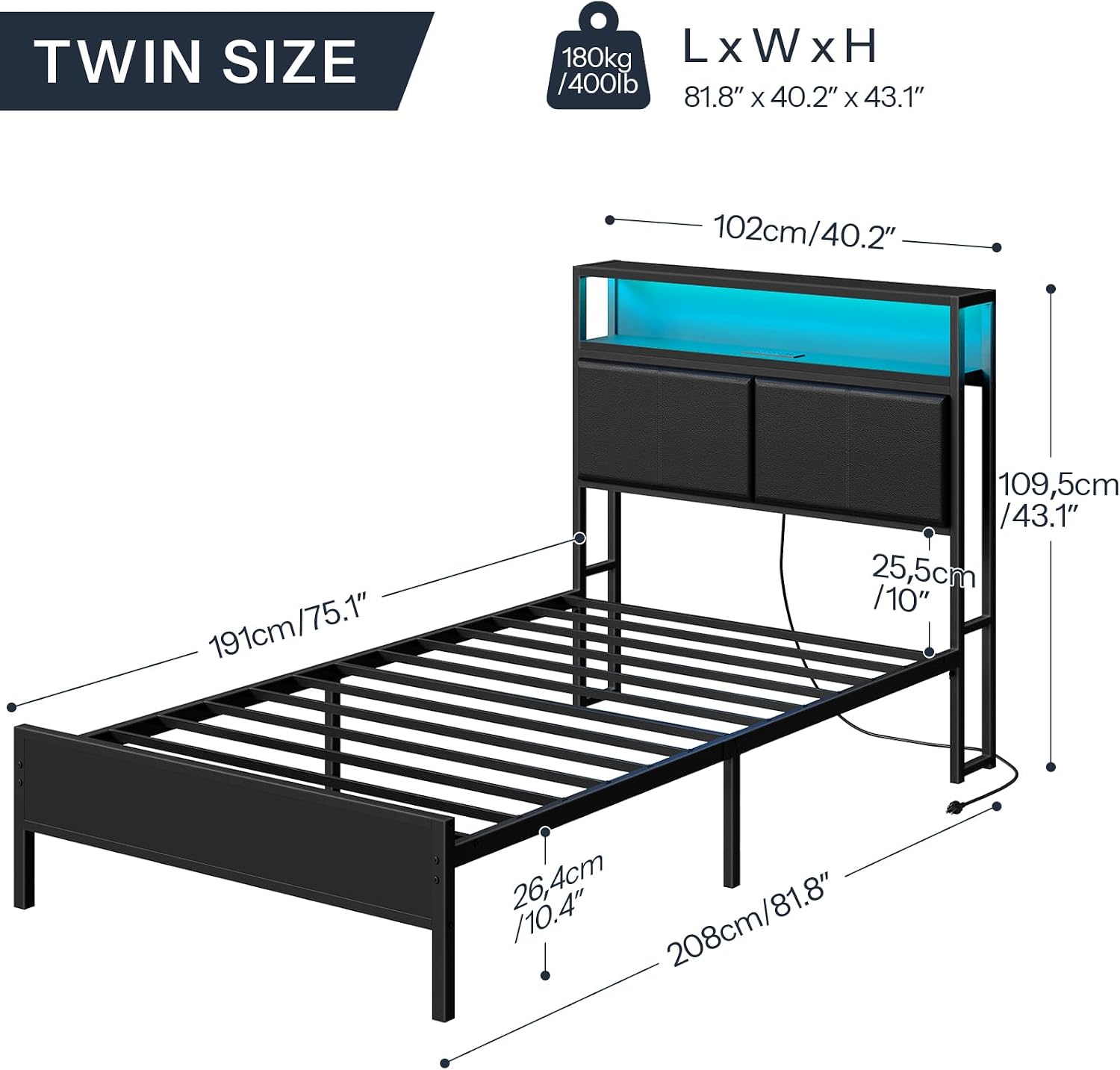 HOOBRO Twin Bed Frame with Storage Headboard, Charging Station & 16-Color LED Lights, Black