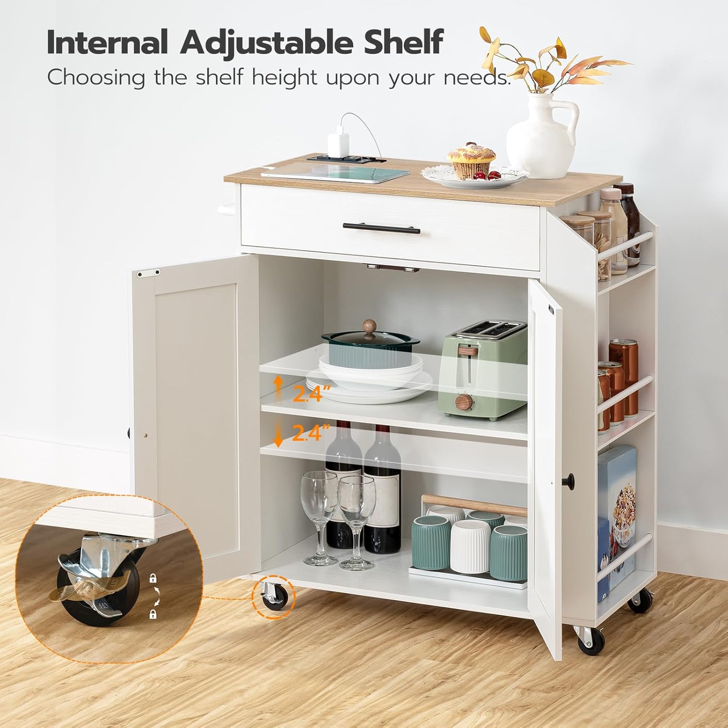 HOOBRO Kitchen Island Cart with Power Outlet, Rolling Kitchen Storage Cabinet with Drawer, Spice Rack & Adjustable Shelf, White & Natural