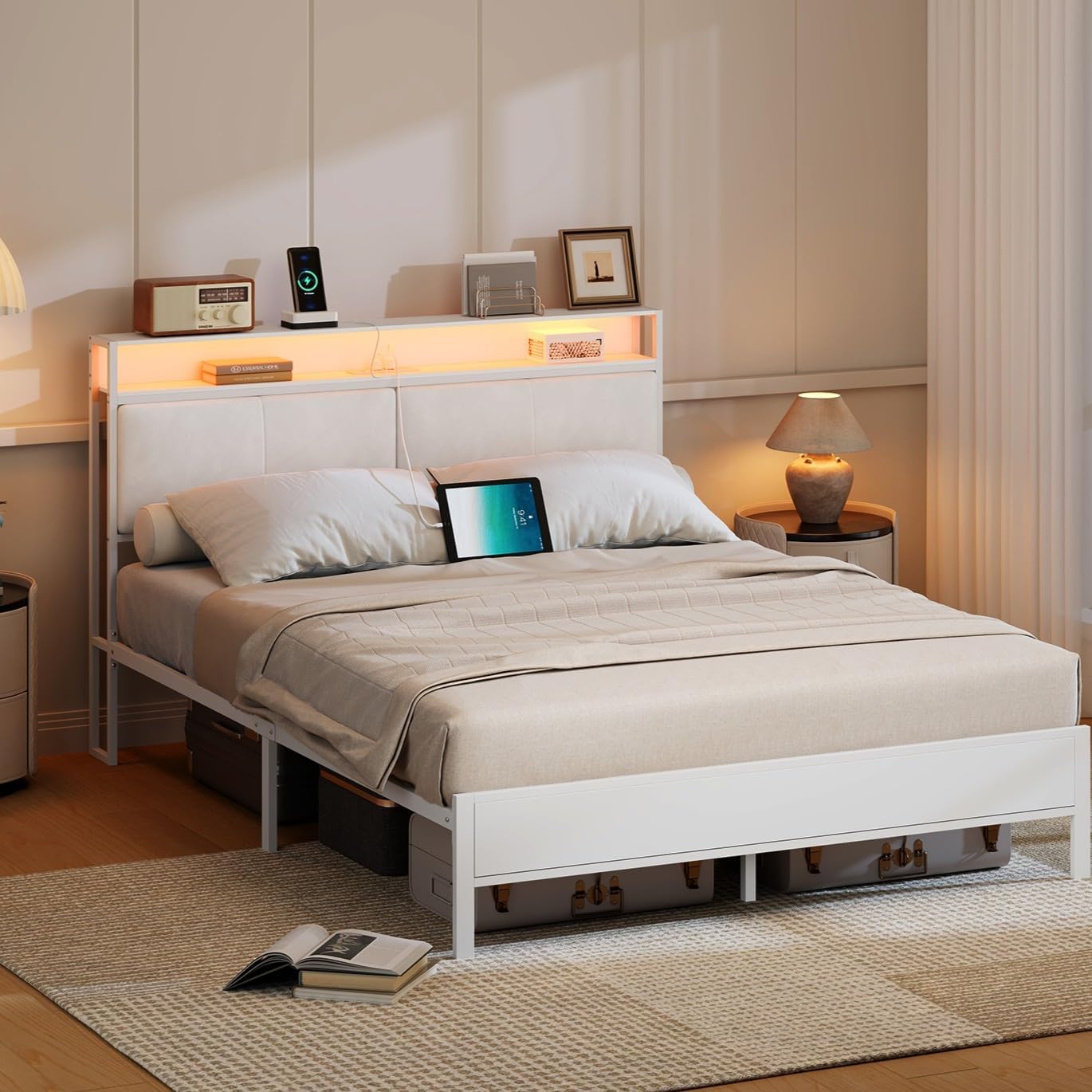 HOOBRO Queen Bed Frame with Charging Station, Storage Headboard & 16-Color LED Lights, White