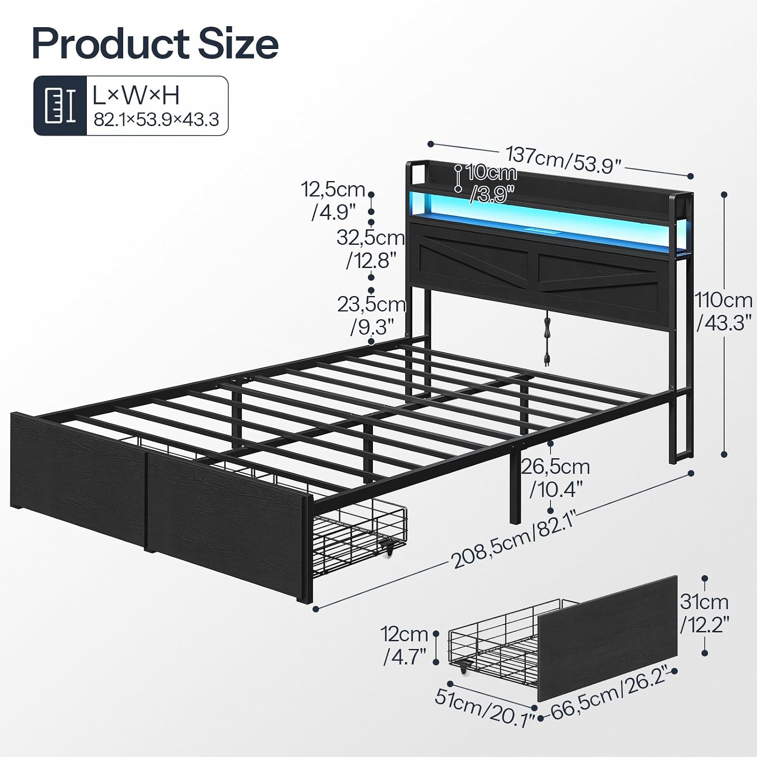HOOBRO Full Size LED Bed Frame with Charging Station, Storage Headboard & 2 Drawers, Black
