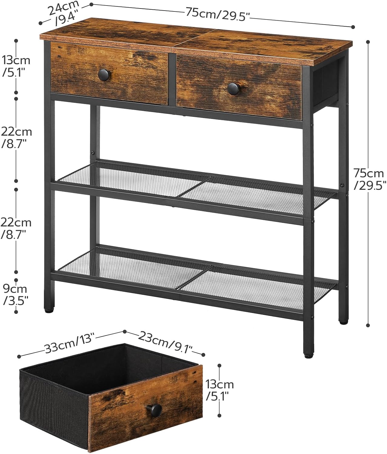 HOOBRO 75 cm Narrow Console Table with 2 Fabric Drawers, 3-Tier Entryway Storage Table, Rustic Brown & Black