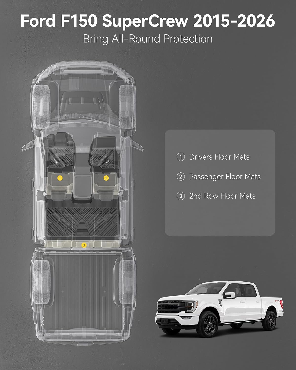 3W Custom All-Weather TPE Floor Mats for Ford F-150 SuperCrew Cab (2015–2026) & F-150 Lightning (2022–2026) – Front & Rear 3-Piece Set