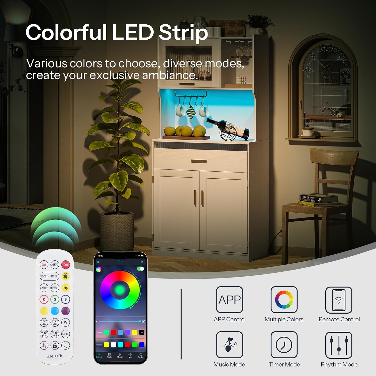HOOBRO 170 cm Pantry Cabinet with LED Lights & Charging Station, Kitchen Storage Cabinet with Microwave Stand, White