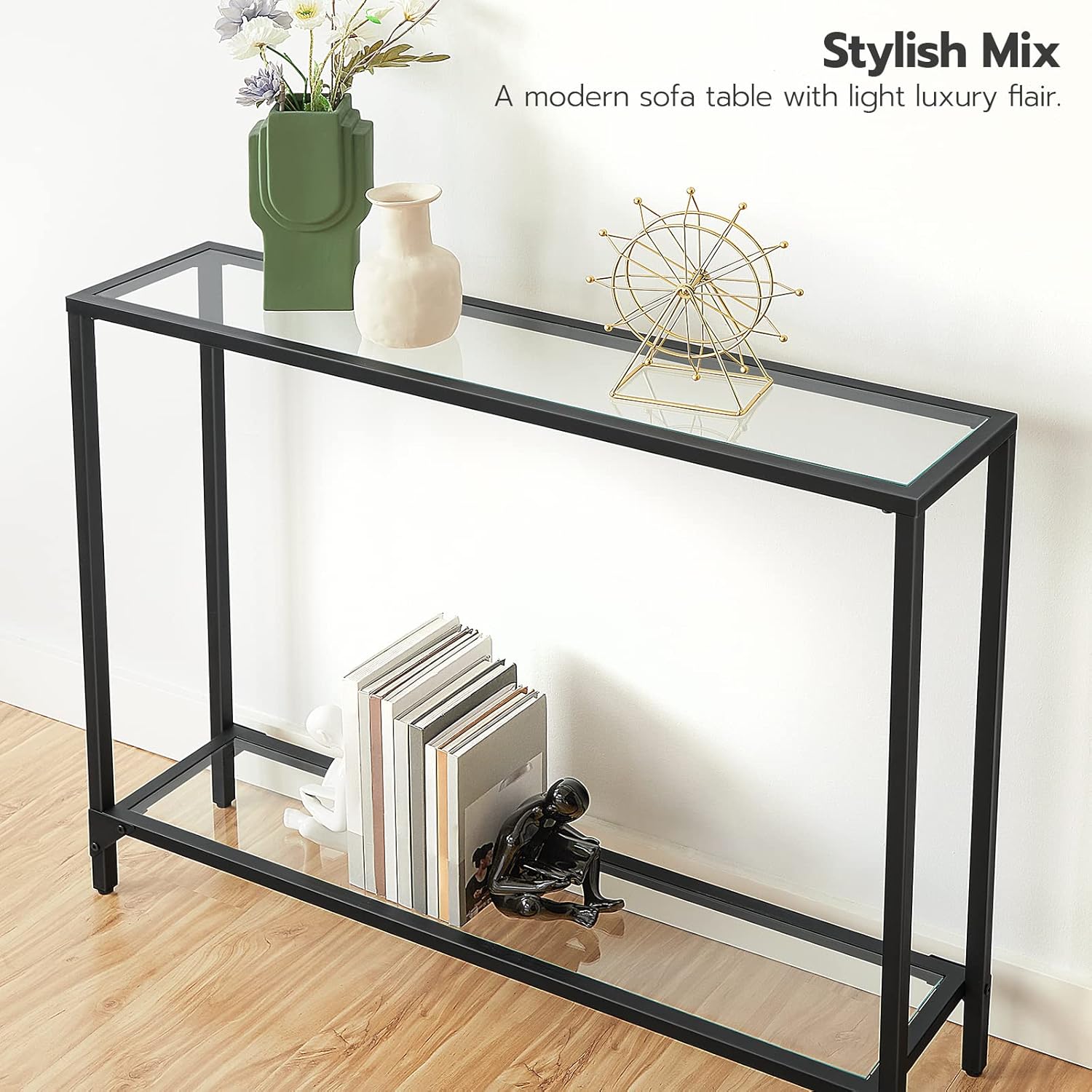 HOOBRO 39.4" Narrow Tempered Glass Console Table, 2-Tier Modern Sofa & Entryway Table with Metal Frame, Black BK04XG01
