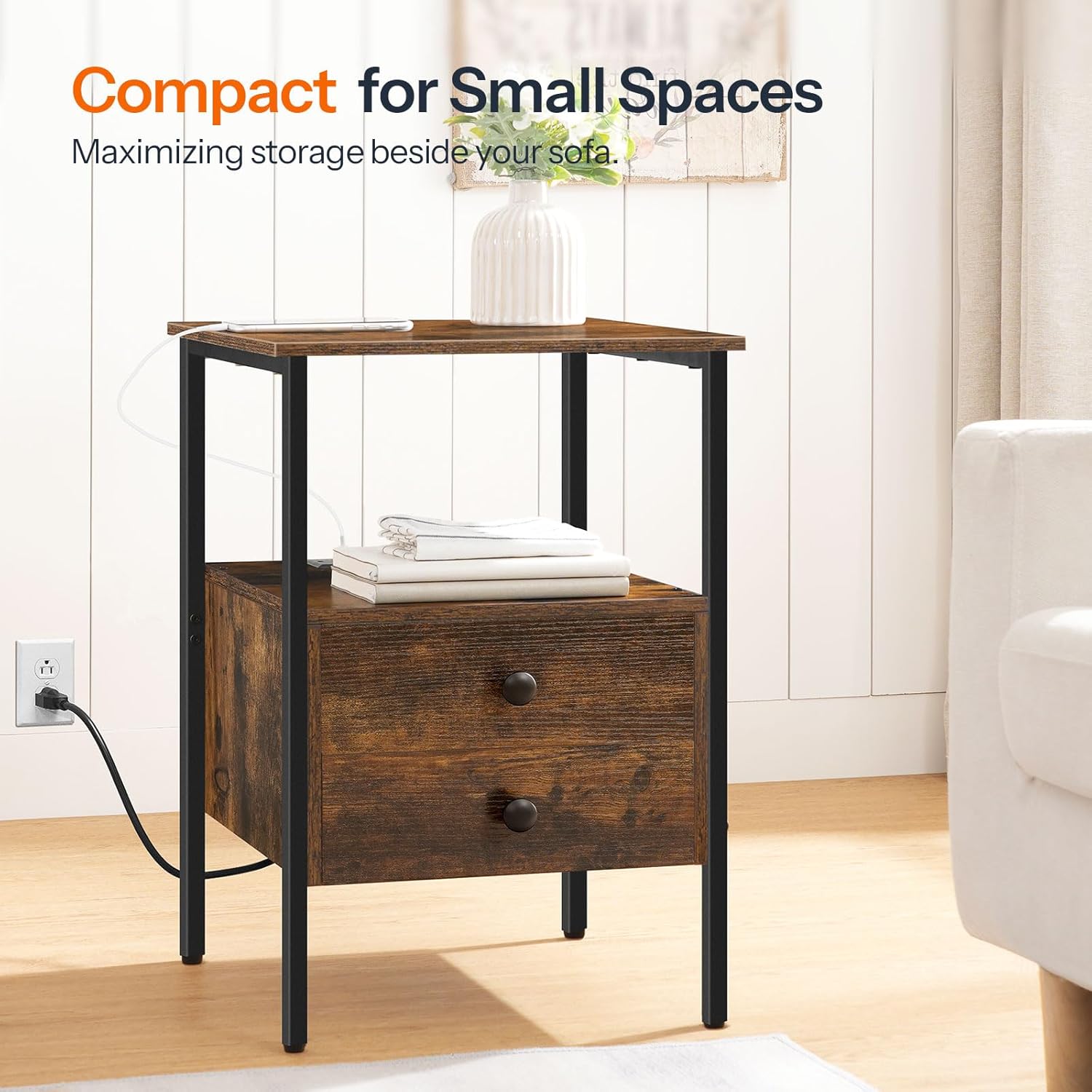 HOOBRO End Table with Charging Station, Nightstand with 2 Drawers, USB Ports & Power Outlets, Bedside Table for Bedroom & Living Room, Rustic Brown BF43UBZ01