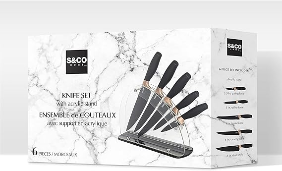 6 Pcs Kitchen Knife Set with Acrylic Block - Super-Sharp Steel Knives with Non-Stick Coating - Chef, Bread, Carving, Utility, Paring Knives - Stylish Cooking Tools with Black, Rose Gold Handle 