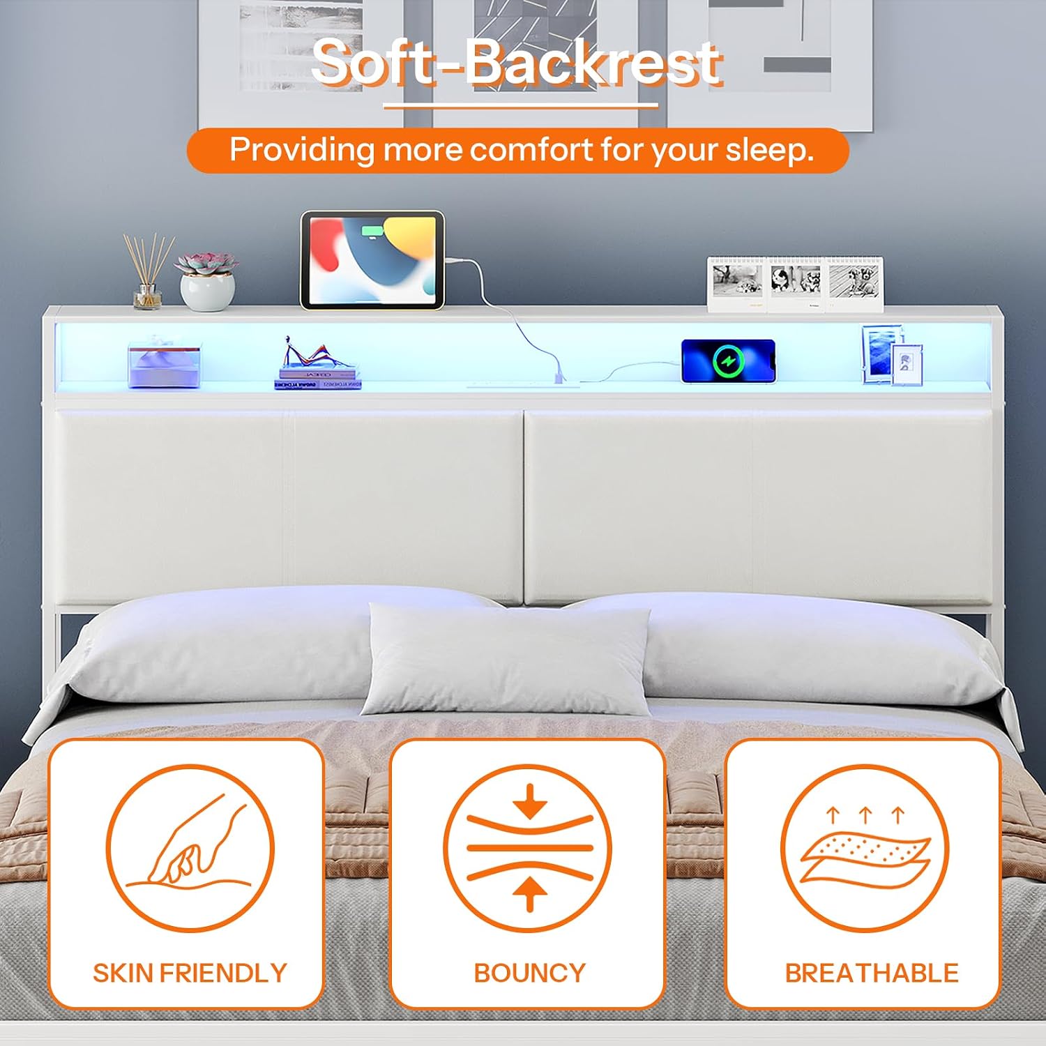 HOOBRO Queen Bed Frame with Charging Station, Storage Headboard & 16-Color LED Lights, White