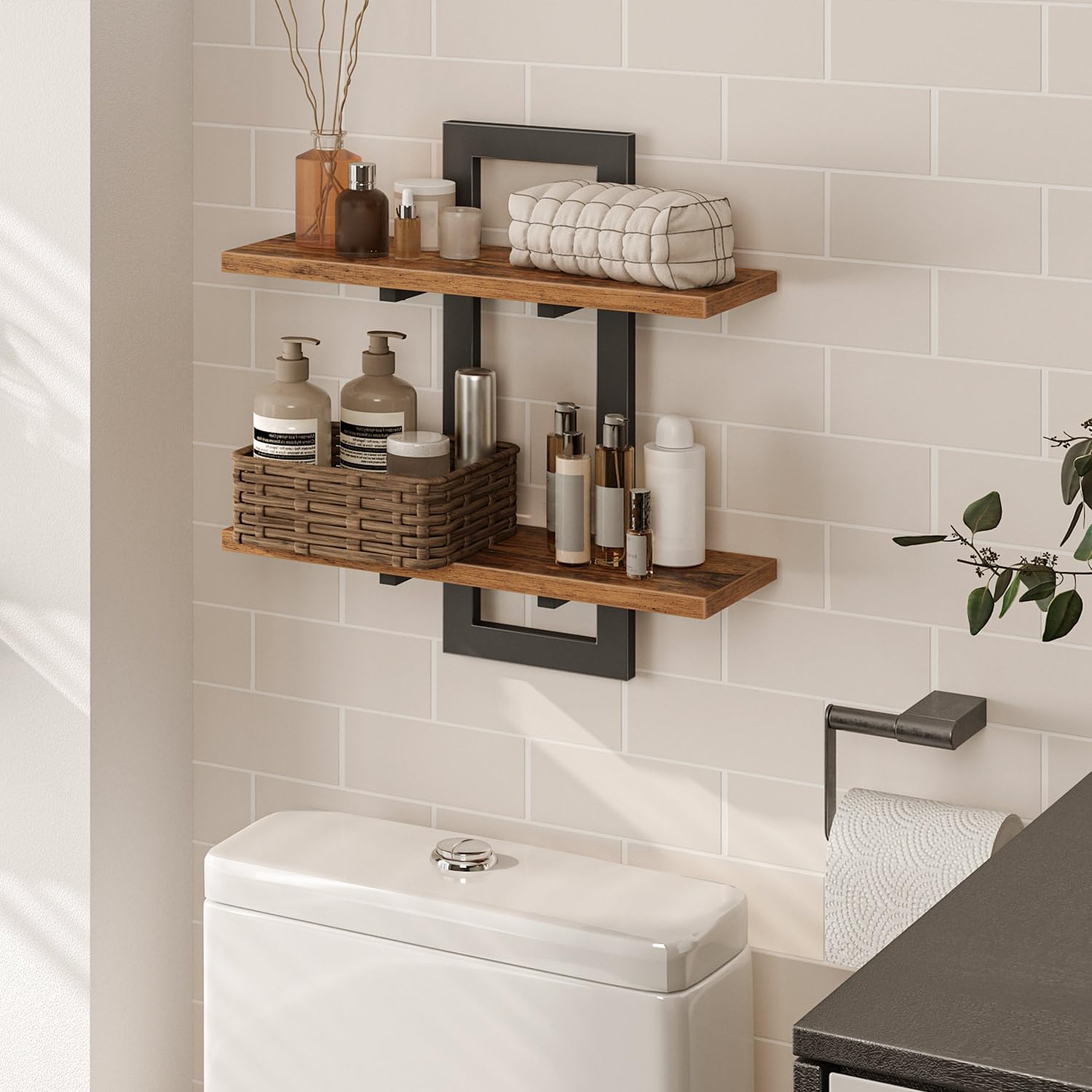 HOOBRO Floating Shelves Set of 2, 2-Tier Wall Mounted Storage Shelves, Rustic Brown & Black