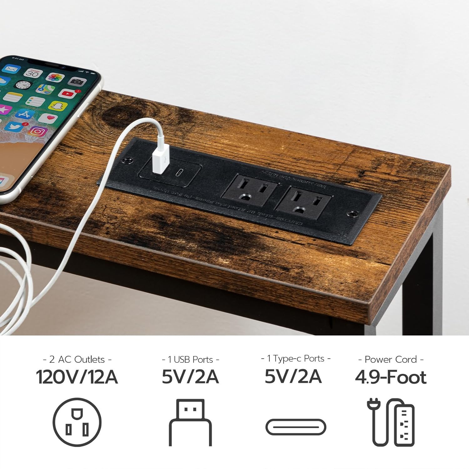HOOBRO Skinny Console Table with Charging Station, 47.2" Narrow Sofa Table with Power Outlets, USB & Type-C Ports, Rustic Brown & Black
