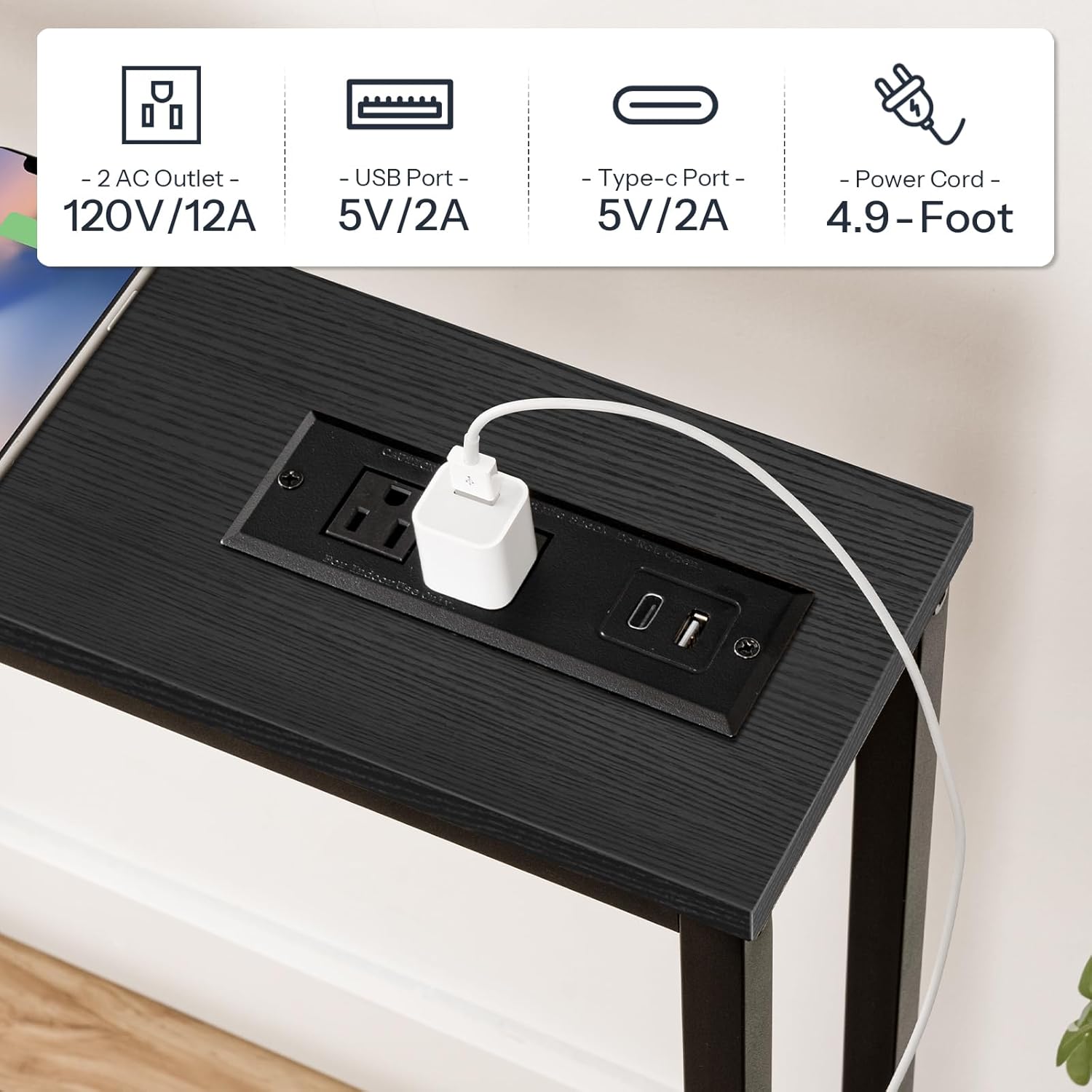 HOOBRO 63" Skinny Console Table with Charging Station, Power Outlets, USB & Type-C Ports, Black BB165UXG01G1