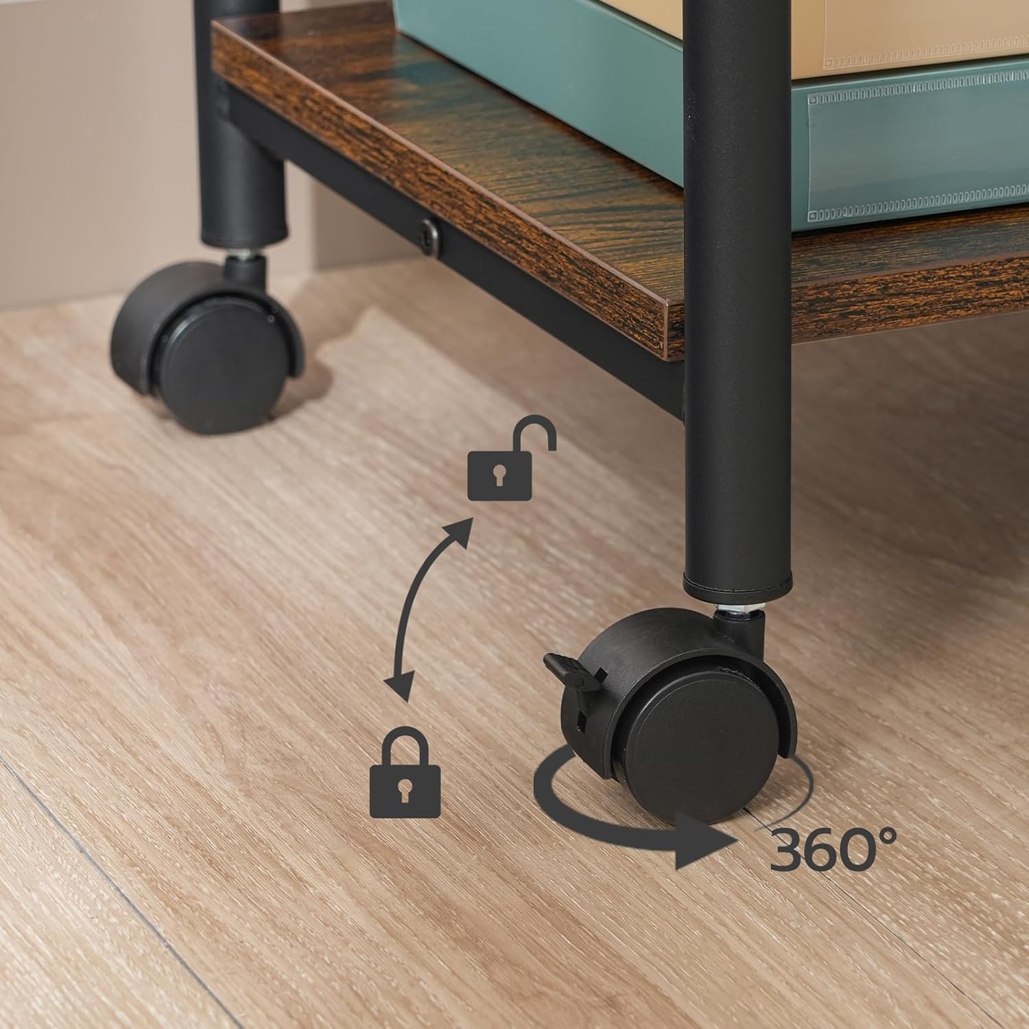 HOOBRO 2-Tier Printer Stand with Storage Shelves and Lockable Wheels, Rustic Brown + Black