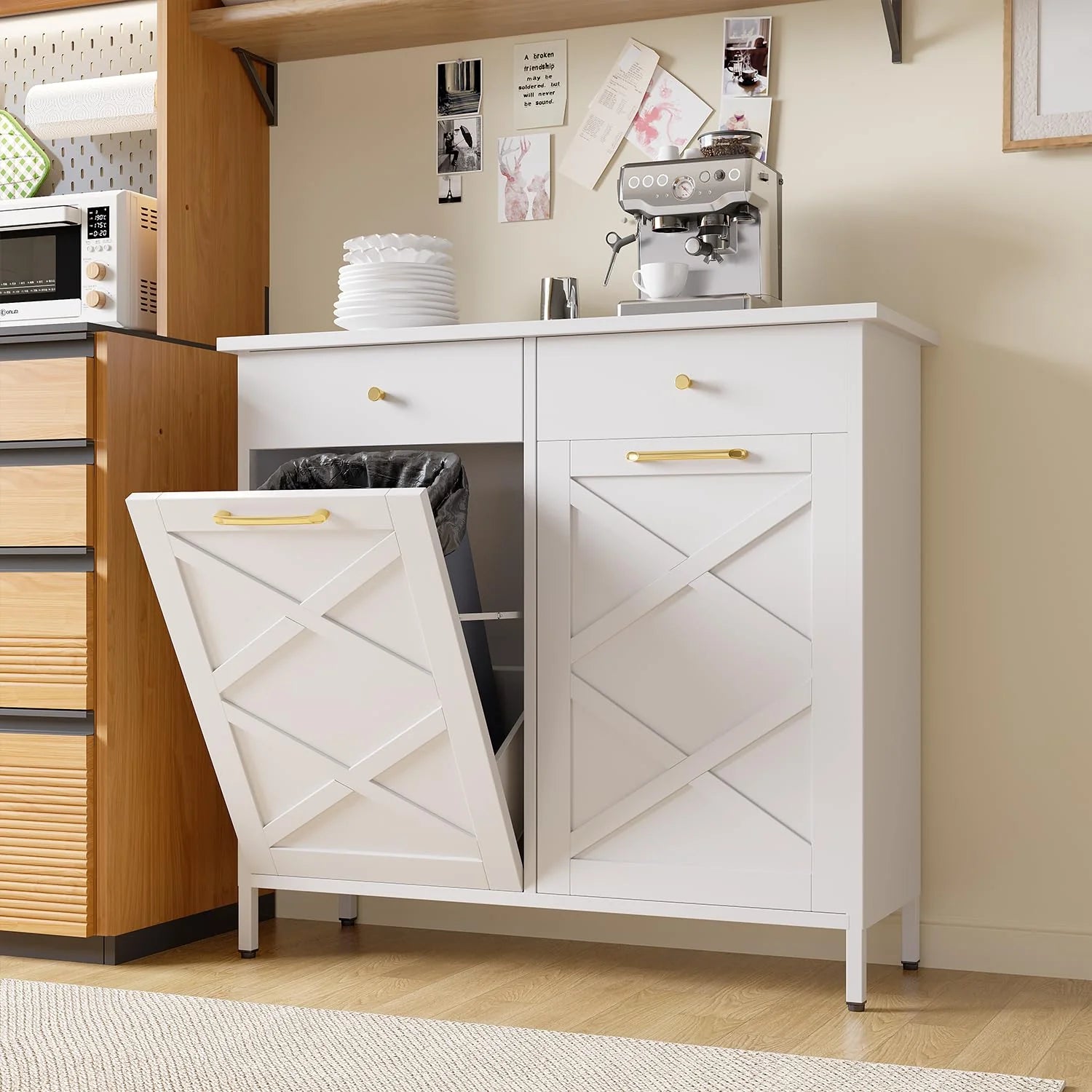 YODOLLA Double Tilt-Out Trash Can Cabinet with 2 Drawers, Hidden Kitchen Garbage Bin Storage Cabinet