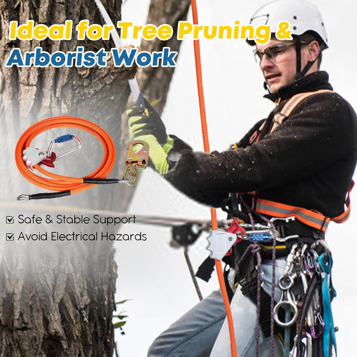 Steel Core Flip Line 1/2" x 16ft – Tree Climbing Lanyard with Triple-Lock Carabiner & Swivel Snap