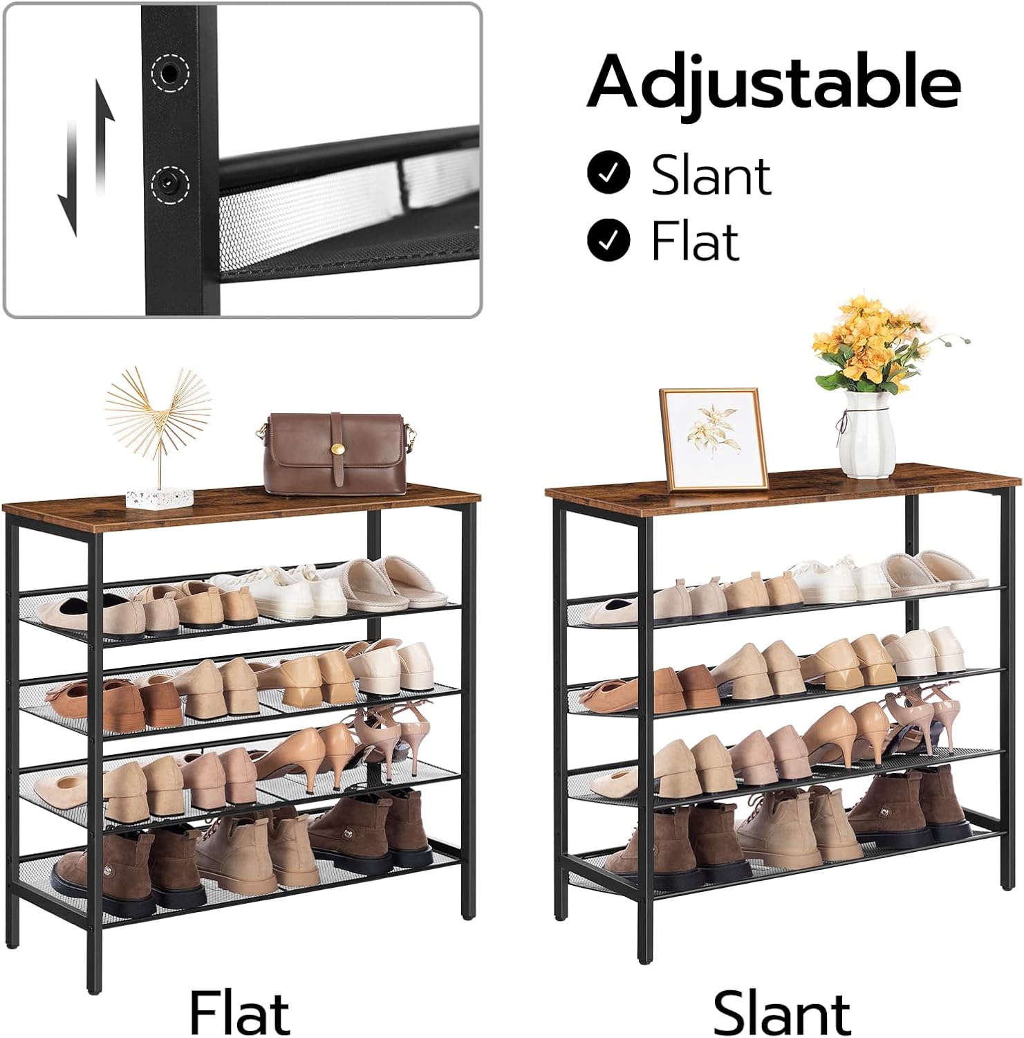 HOOBRO 5-Tier Shoe Rack, Adjustable Flat & Slanted Shoe Storage Organizer for 16 Pairs, Rustic Brown & Black