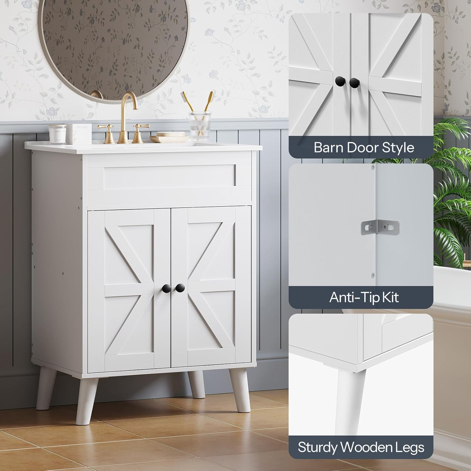 HOOBRO 24.2-Inch Bathroom Vanity with Ceramic Sink, Farmhouse Bathroom Cabinet with 2 Doors, White
