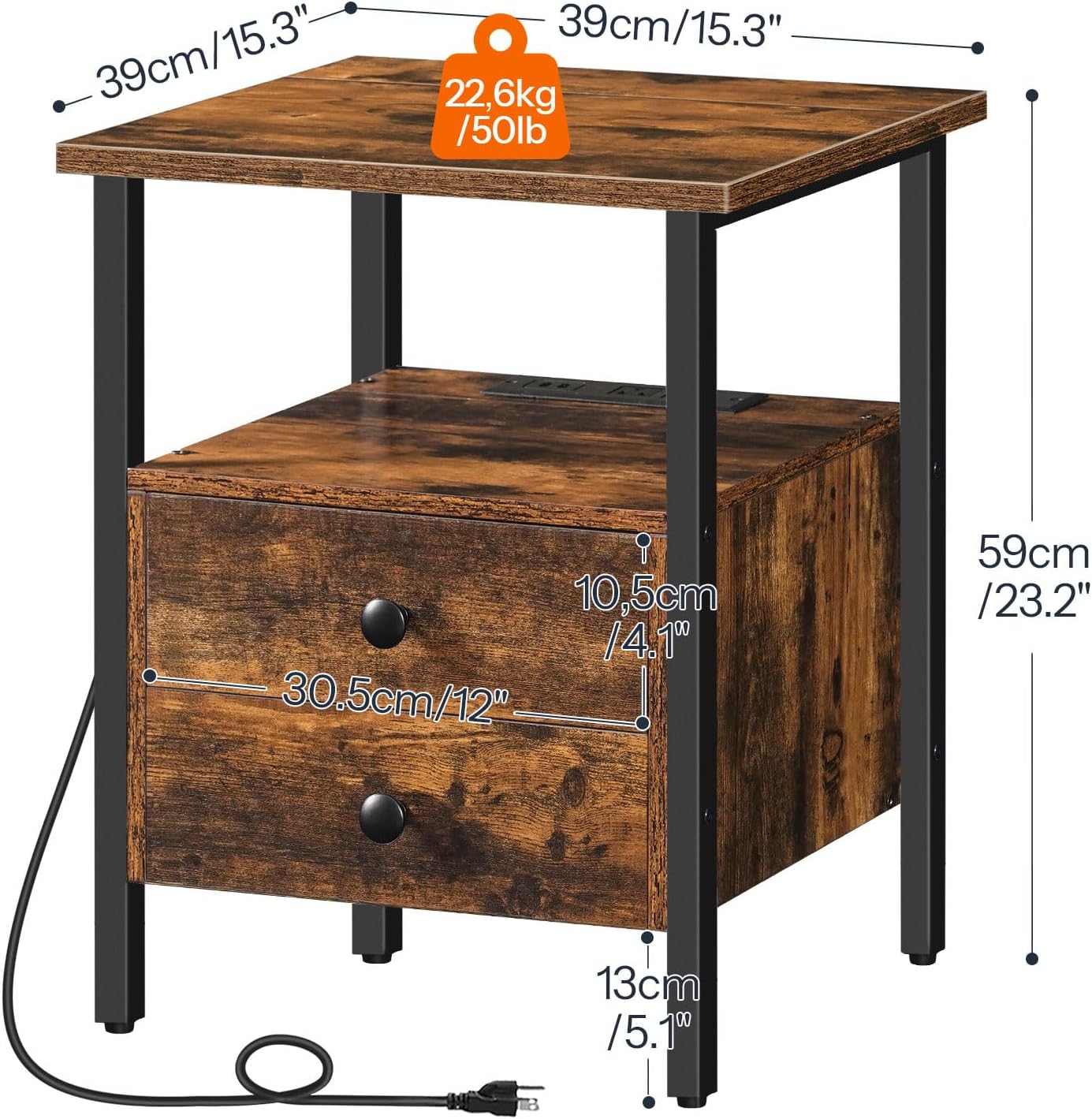 HOOBRO End Table with Charging Station, Nightstand with 2 Drawers, USB Ports & Power Outlets, Bedside Table for Bedroom & Living Room, Rustic Brown BF43UBZ01