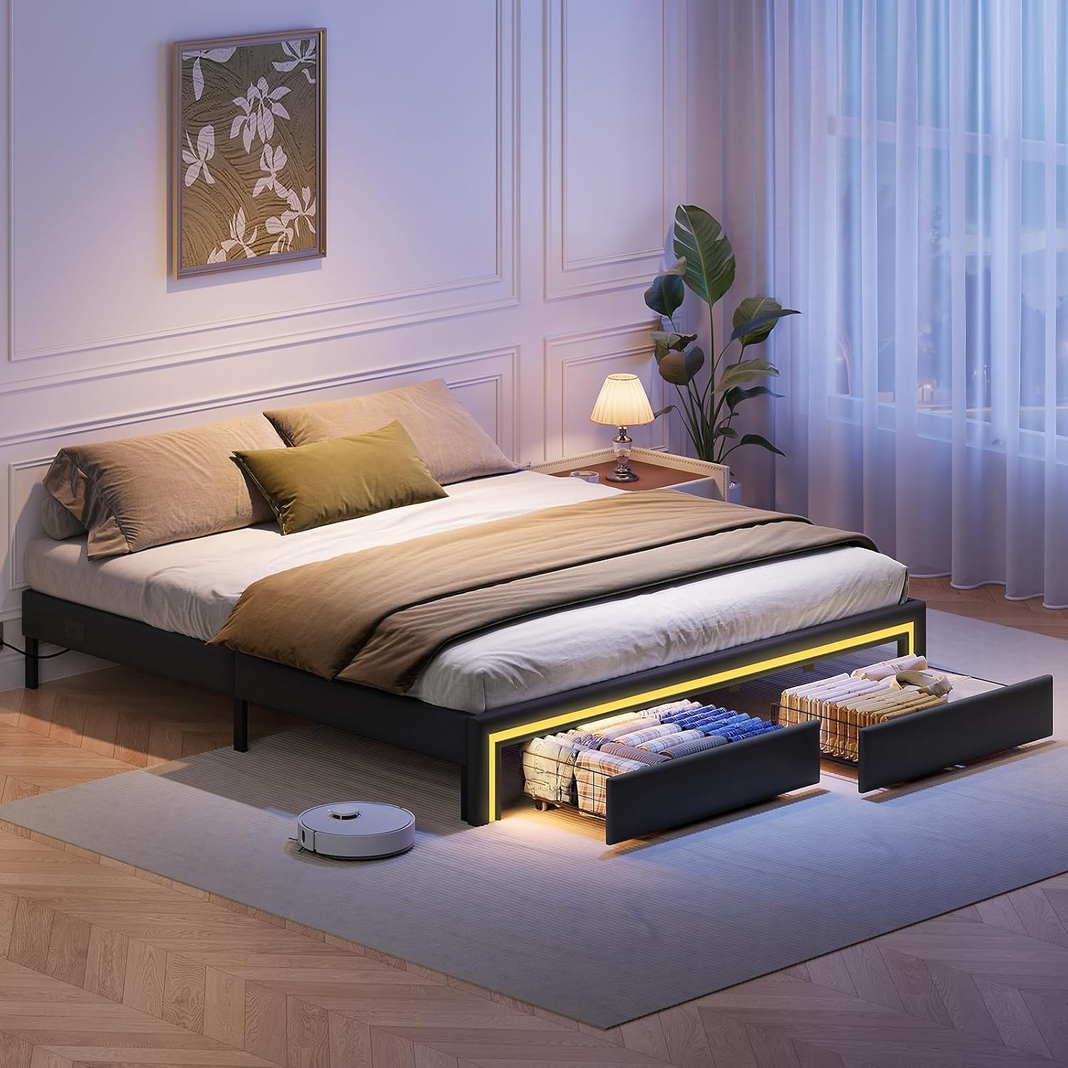 HOOBRO King Size Upholstered Metal Bed Frame with LED Light Strip, Charging Station & 2 Storage Drawers, Black BB42UDBF01