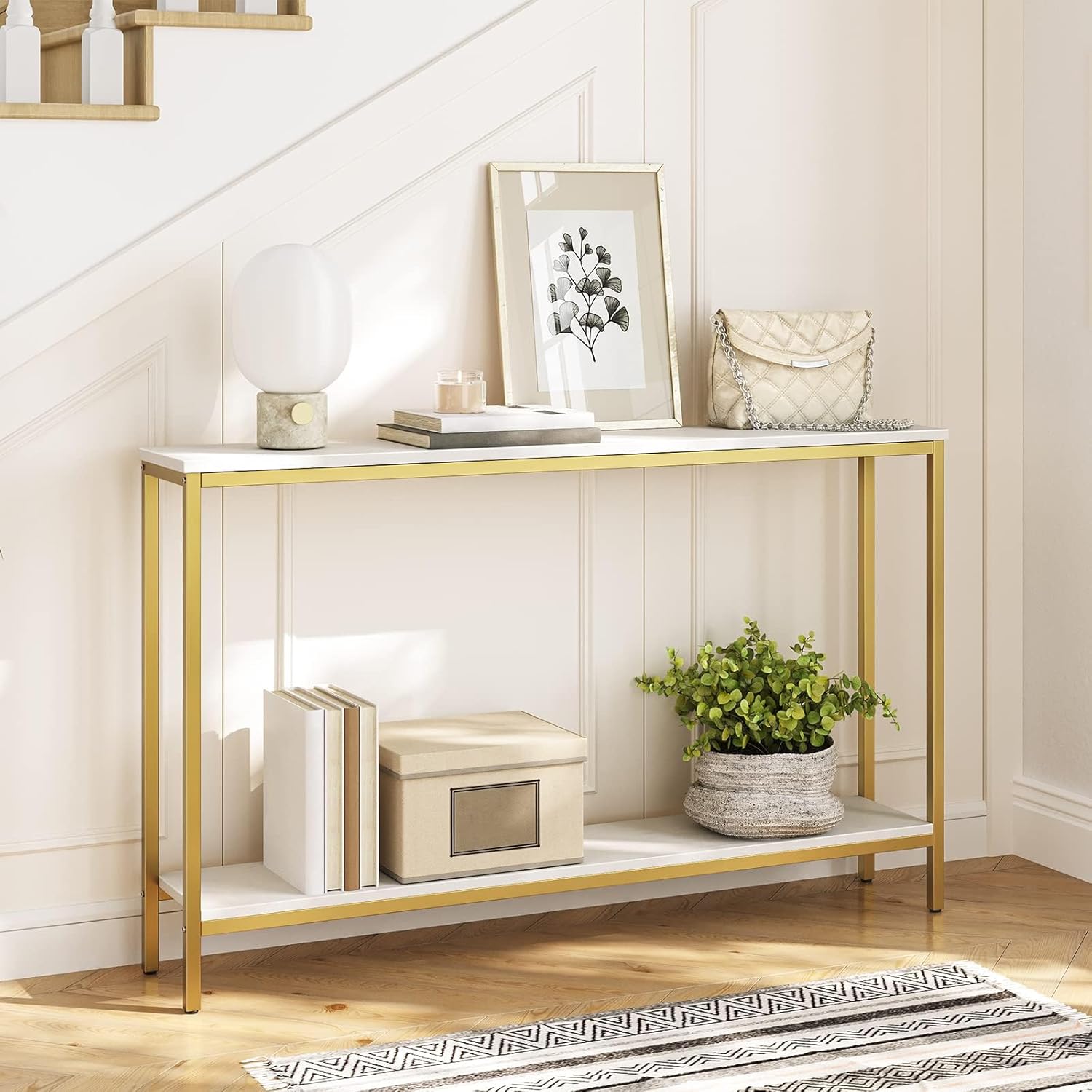 HOOBRO 120cm Console Table, 2-Tier Narrow Entryway Sofa Table with Open Storage Shelves, White & Gold