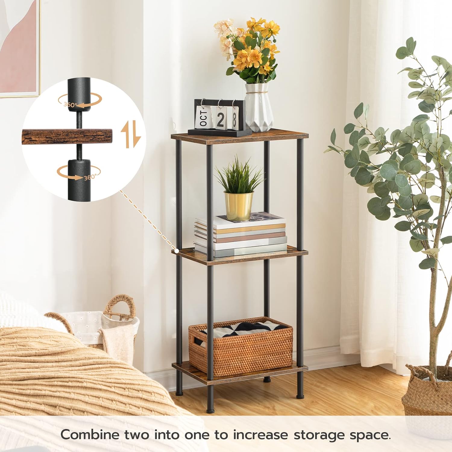 HOOBRO Industrial End Table with 2-Tier Storage Shelves, Rustic Brown Nightstand for Small Spaces, BF09BZ01