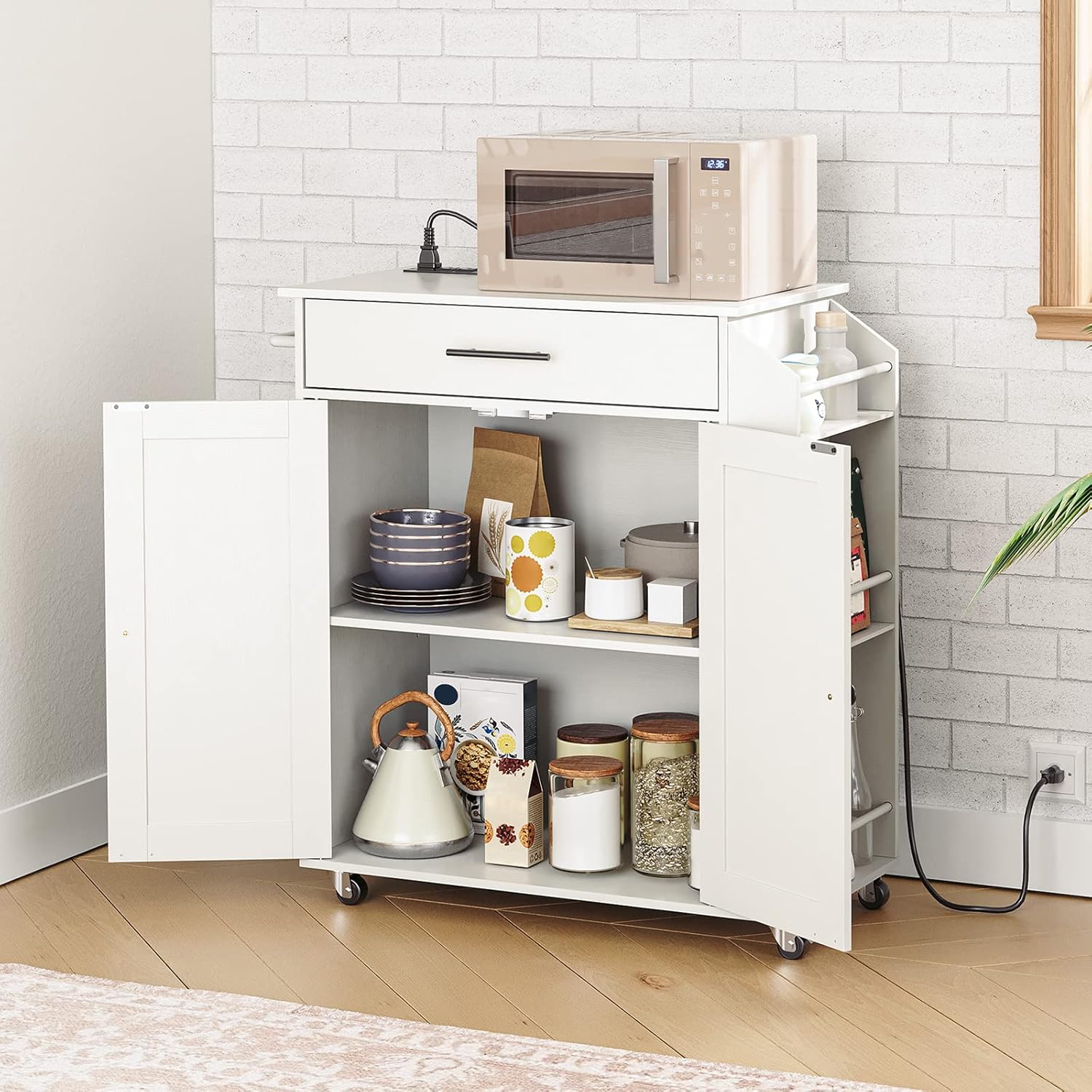 HOOBRO Kitchen Island Cart with Power Outlet, Storage Cabinet, Drawer & Spice Rack, Rolling Kitchen Cart on Wheels, White