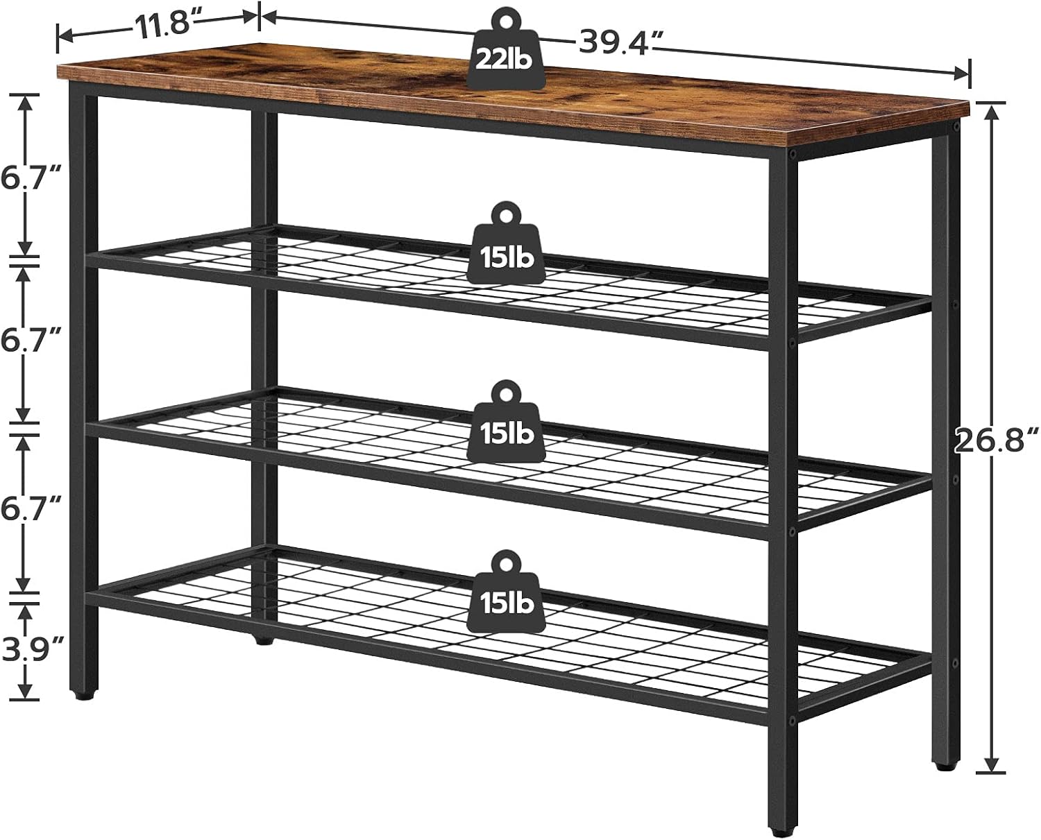 HOOBRO 4-Tier Industrial Shoe Rack Storage Organizer with Metal Mesh Shelves, Rustic Brown BF04XJ01