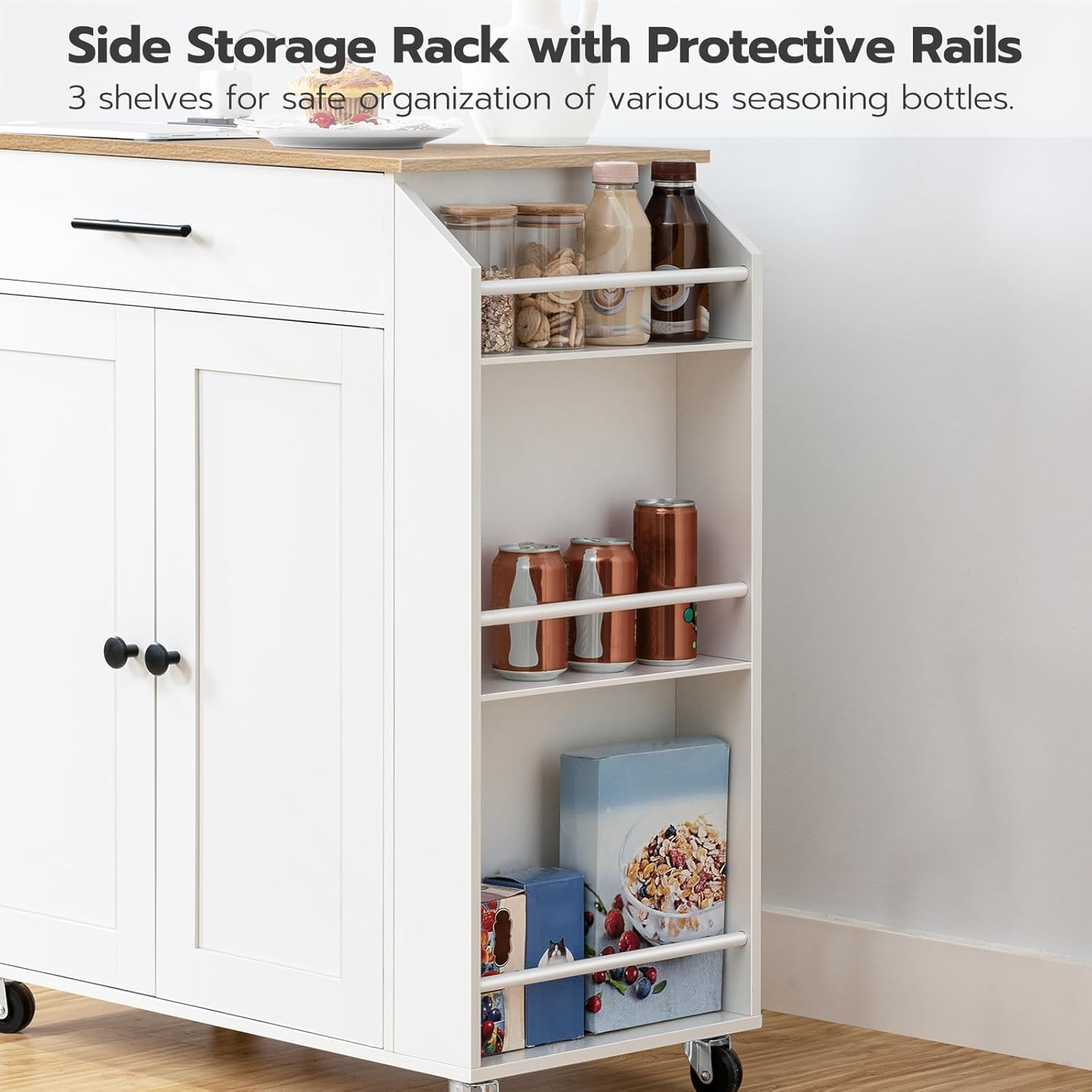 HOOBRO Kitchen Island Cart with Power Outlet, Rolling Kitchen Storage Cabinet with Drawer, Spice Rack & Adjustable Shelf, White & Natural