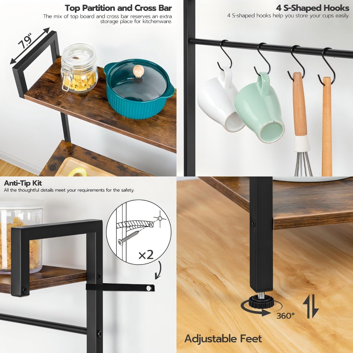 HOOBRO Kitchen Baker's Rack with Power Outlet, Coffee Bar & Microwave Stand, 6-Tier Storage Shelf with Mesh Basket and Hooks, Rustic Brown & Black