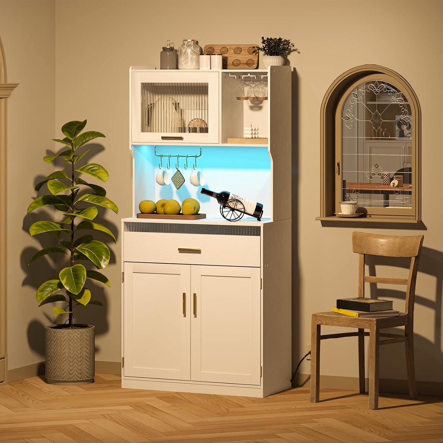 HOOBRO 170 cm Pantry Cabinet with LED Lights & Charging Station, Kitchen Storage Cabinet with Microwave Stand, White