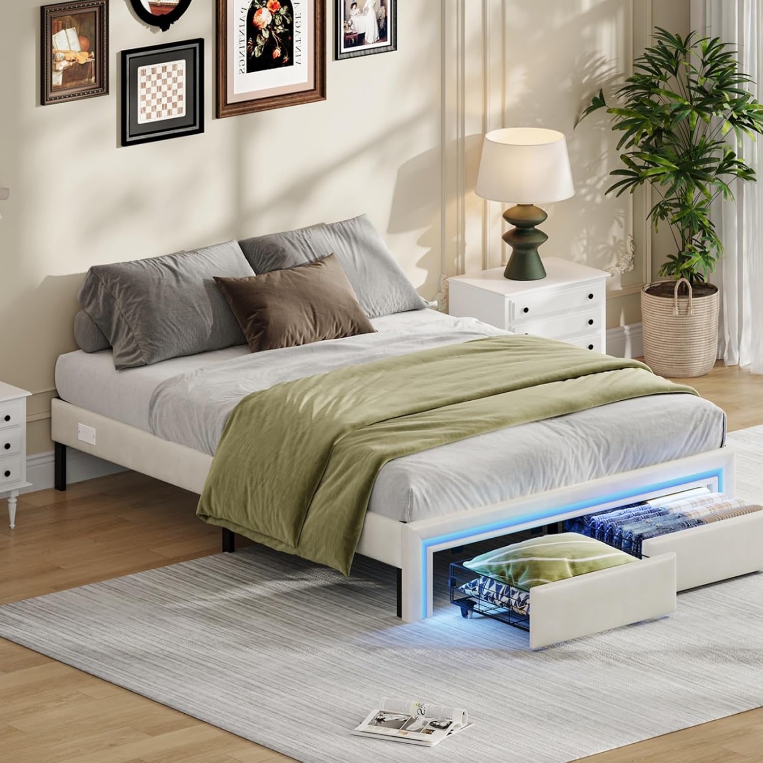 HOOBRO Queen Bed Frame with LED Lights, Charging Station & 2 Storage Drawers, Upholstered Platform Bed, Cream White
