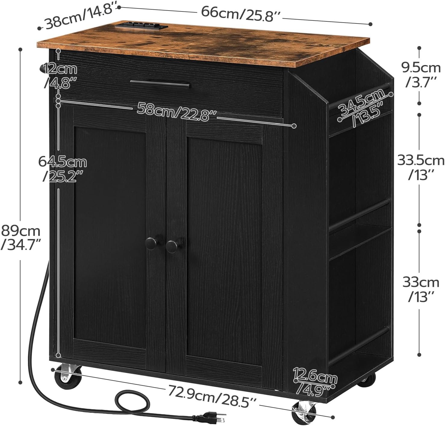HOOBRO Kitchen Island Cart with Power Outlet, Rolling Kitchen Storage Cabinet with Drawer, Spice Rack & Adjustable Shelf, Rustic Brown BF82UZD01G1