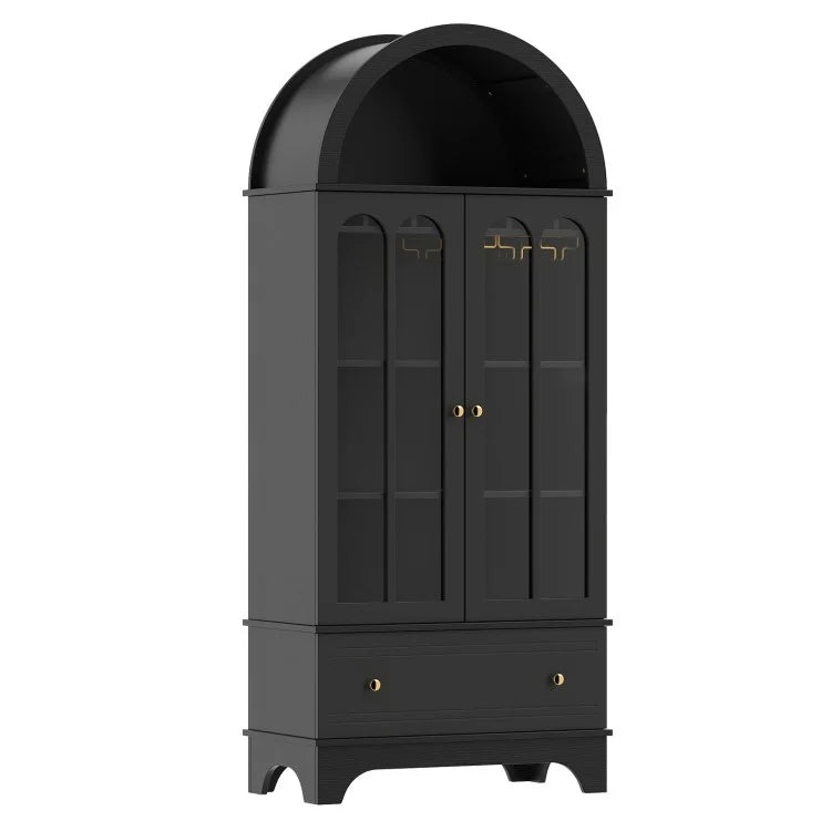 71.5" Arched Storage Cabinet with Tempered Glass Doors, Drawer & Wine Rack, 5-Tier Farmhouse Pantry Cabinet