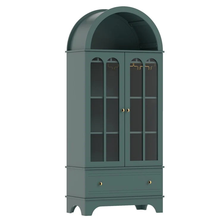 71.5" Arched Storage Cabinet with Tempered Glass Doors, Drawer & Wine Rack, 5-Tier Farmhouse Pantry Cabinet