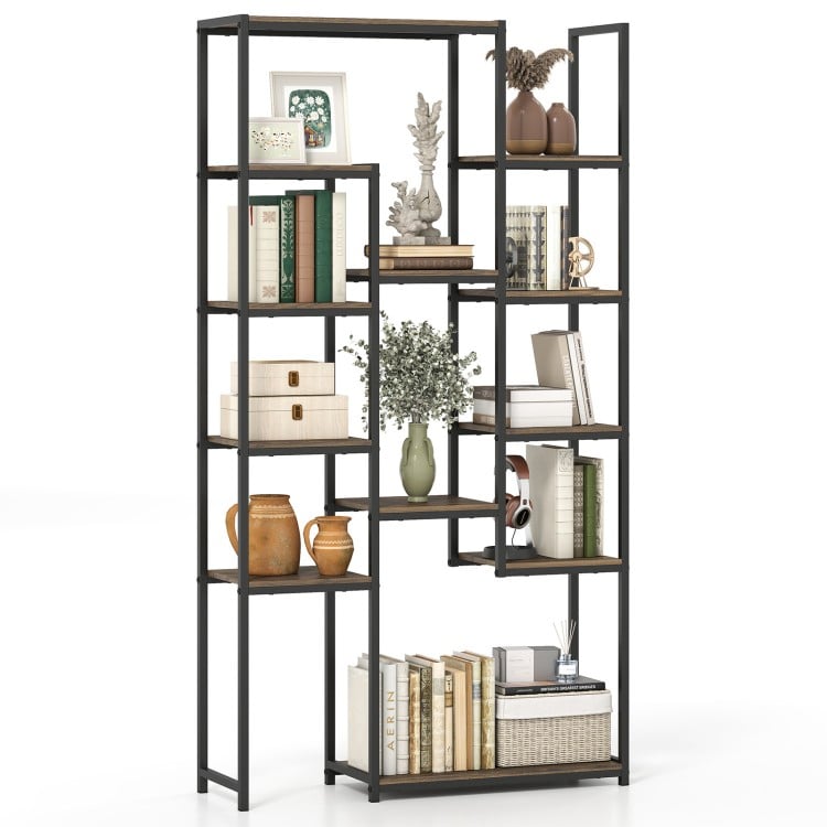 71 Inch Tall Vintage Geometric  Bookshelf 12 Open Shelves-Walnut