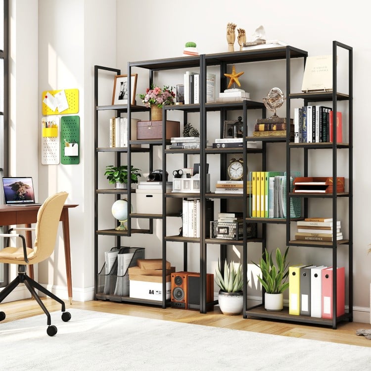 71 Inch Tall Vintage Geometric  Bookshelf 12 Open Shelves-Walnut