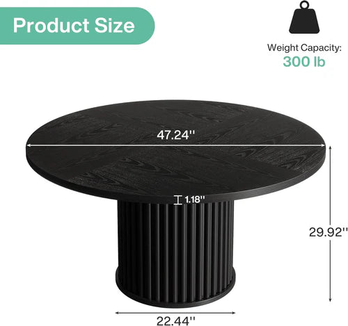 47" Round Dining Table, Wood Kitchen Table with Sturdy Fluted Metal Base, Modern Black Dining Table for 6 People