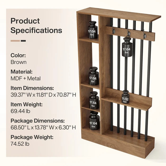 71" Freestanding Room Divider Bookcase with Storage Shelves & Coat Hooks