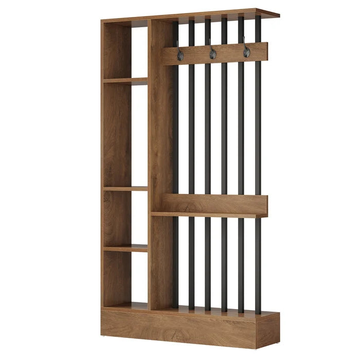 71" Freestanding Room Divider Bookcase with Storage Shelves & Coat Hooks