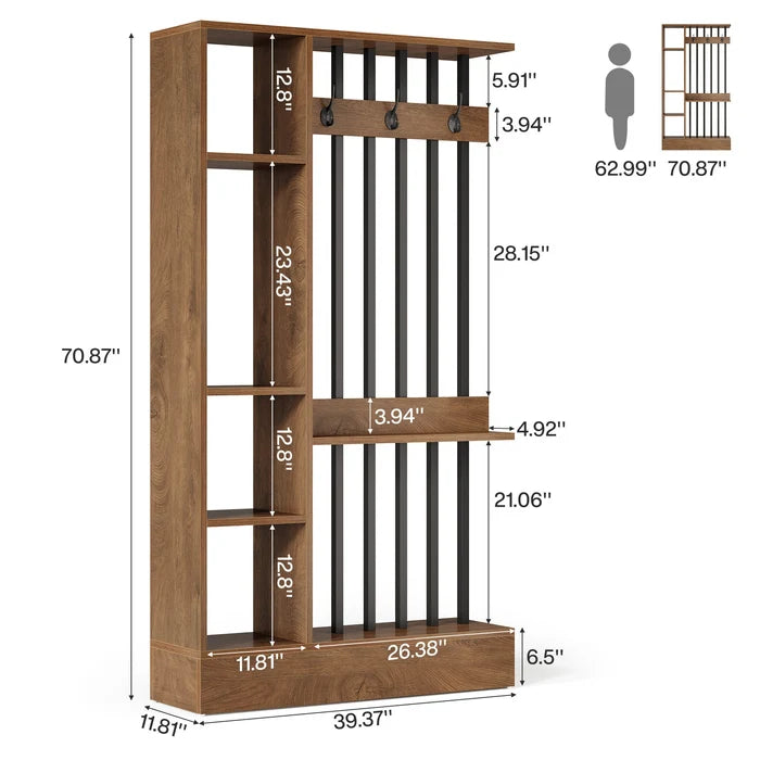 71" Freestanding Room Divider Bookcase with Storage Shelves & Coat Hooks