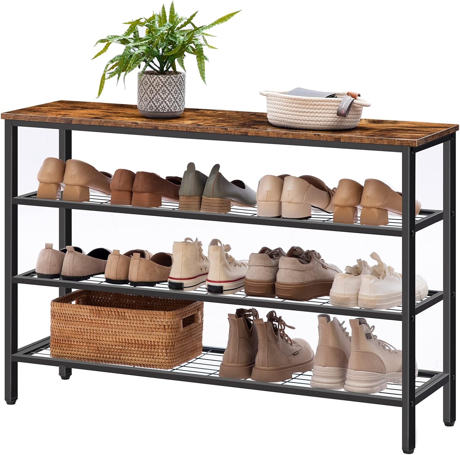 HOOBRO 4-Tier Industrial Shoe Rack Storage Organizer with Metal Mesh Shelves, Rustic Brown BF04XJ01